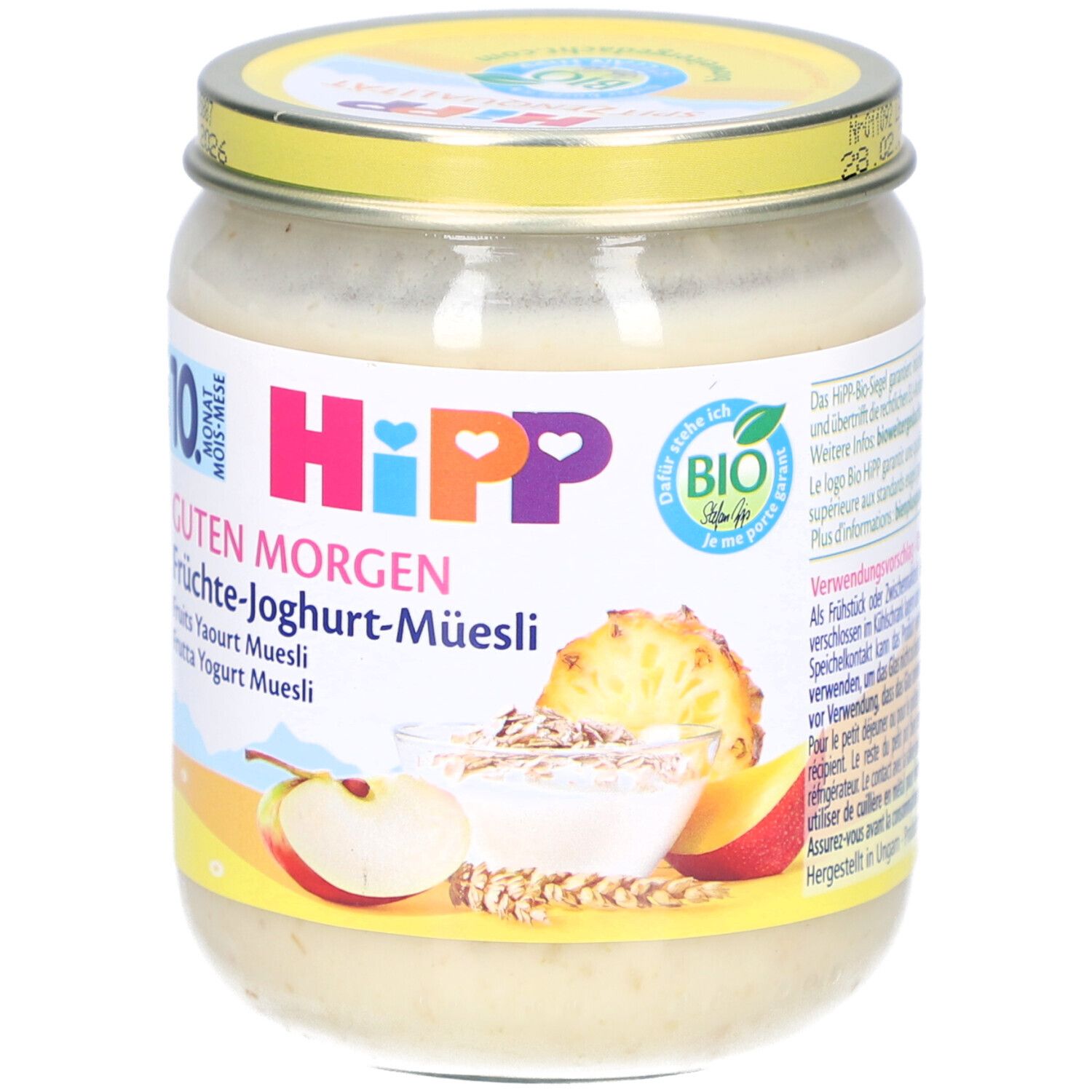 Glas mit HIPP Guten Morgen Früchte-Joghurt-Müesli. Aufschrift: 10. Monat, BIO. Abbildung von Früchten und Müesli.