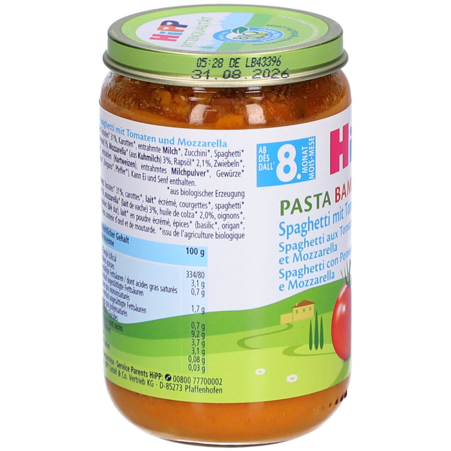 Dos du bocal HiPP Pasta Bambini. Liste des ingrédients, informations nutritionnelles. Label bio. 100g.
