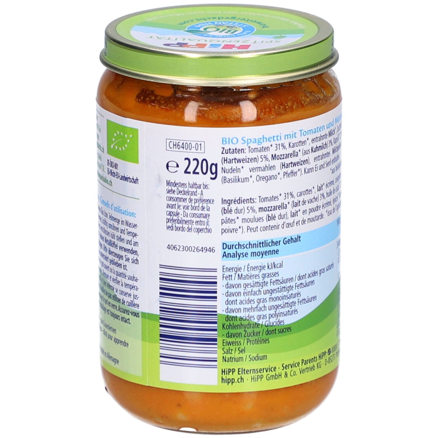 Dos du bocal HiPP Pasta Bambini. Liste des ingrédients, informations nutritionnelles. Label bio. 220g.