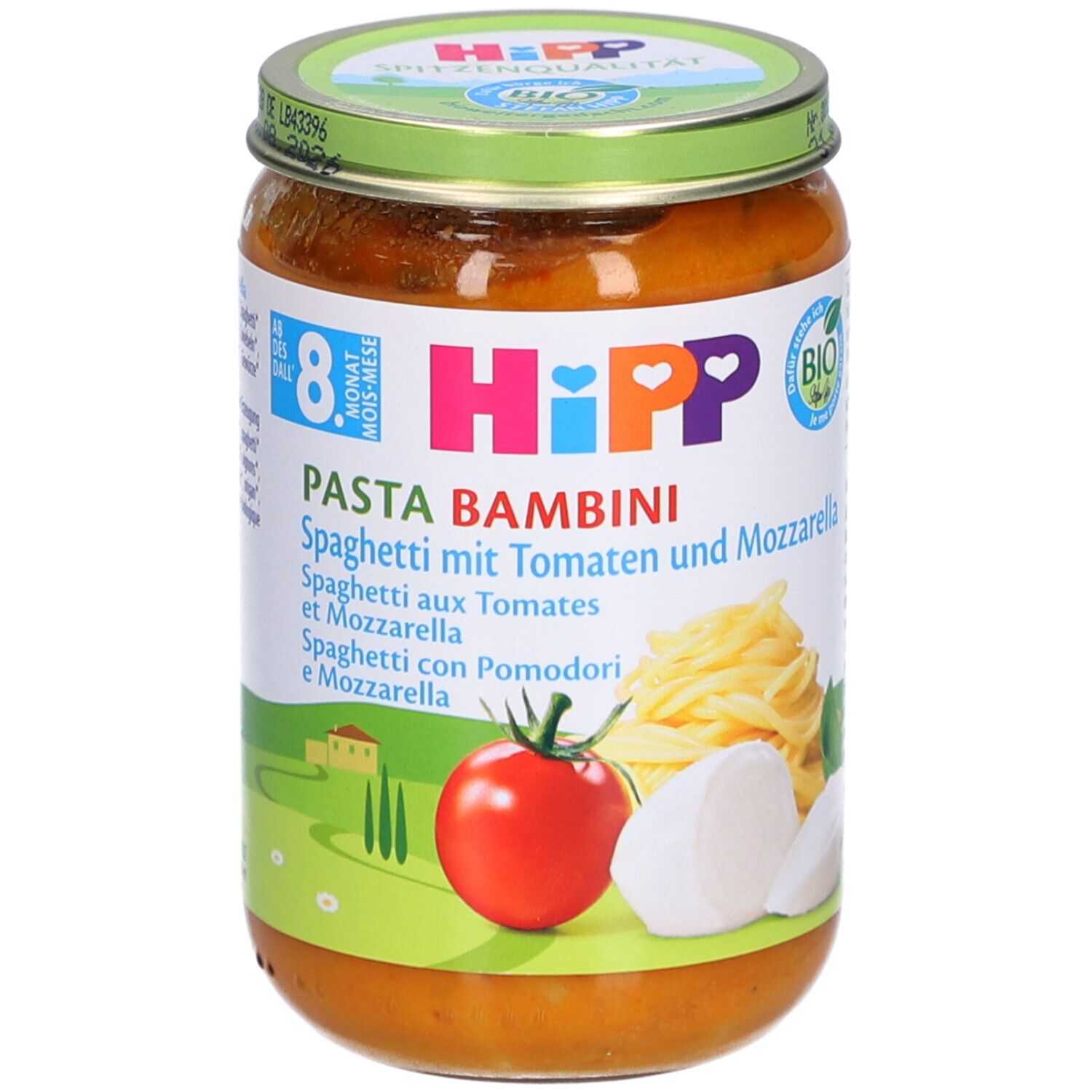 Bocal de HiPP Pasta Bambini Spaghetti aux Tomates et Mozzarella. Label bio. Dès 8 mois.