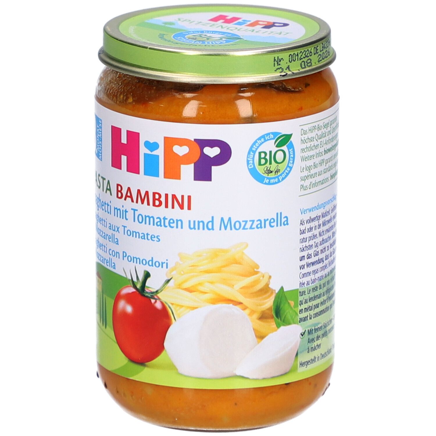 Bocal de HiPP Pasta Bambini Spaghetti aux Tomates et Mozzarella. Label bio. Dès 8 mois.