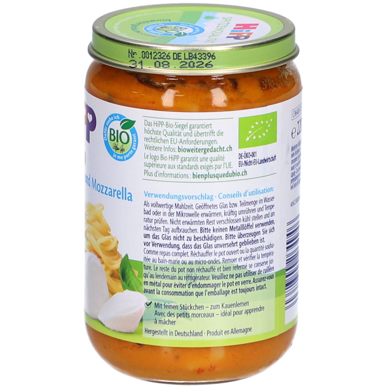 Dos du bocal HiPP Pasta Bambini. Informations d'utilisation. Label bio. 220g.
