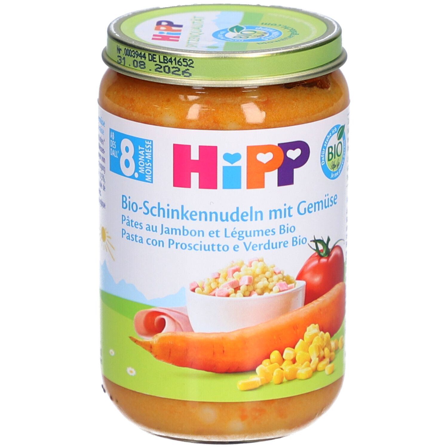 Glas mit HiPP Bio-Schinkennudeln mit Gemüse. Ab 8 Monaten. Illustrationen von Gemüse und Nudeln.