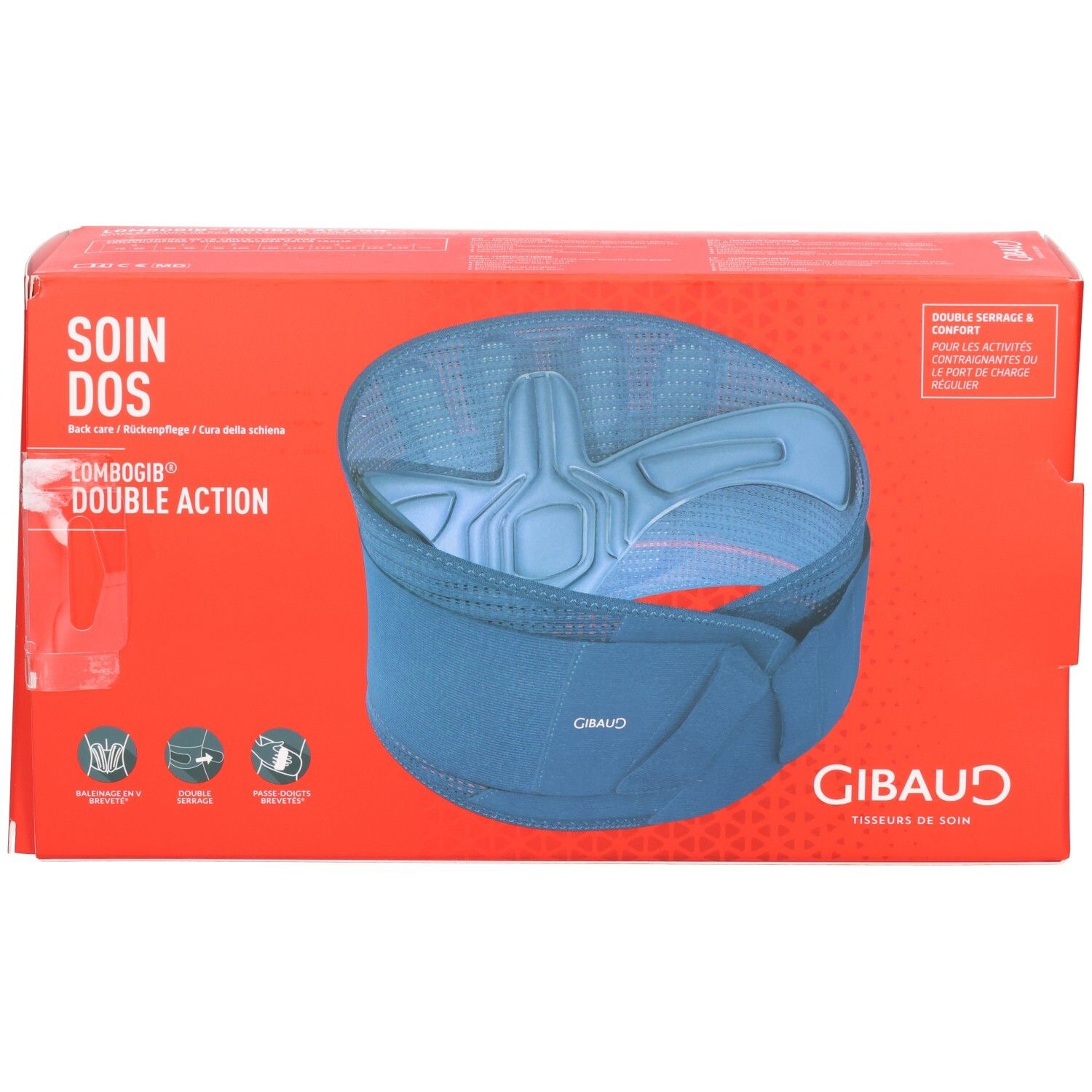 Verpackung eines blauen Rückengurt mit der Aufschrift 'SOIN DOS DOUBLE ACTION'.