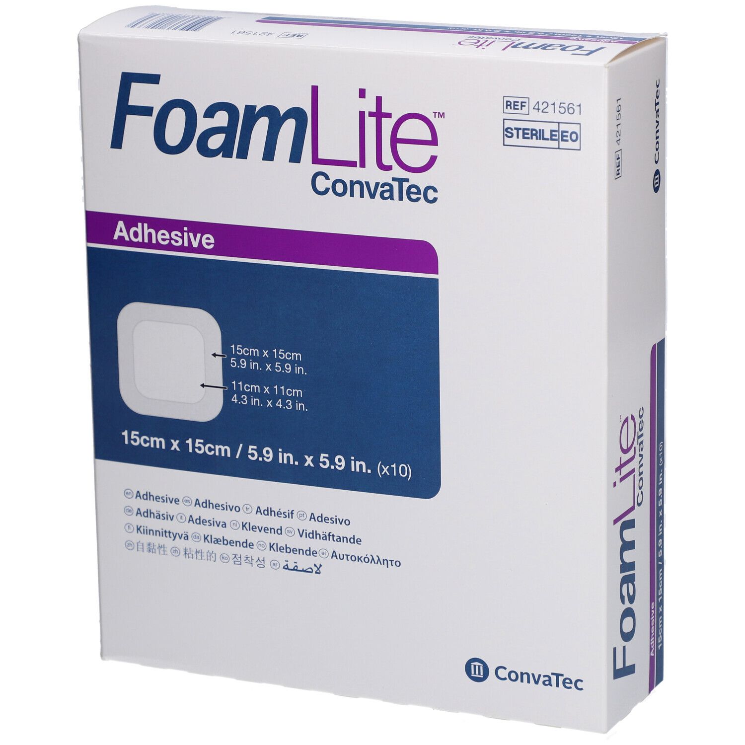 Verpackung von FoamLite Heftschaumverband. 15x15 cm. KonvaTec-Logo. Aufkleber. Steril.