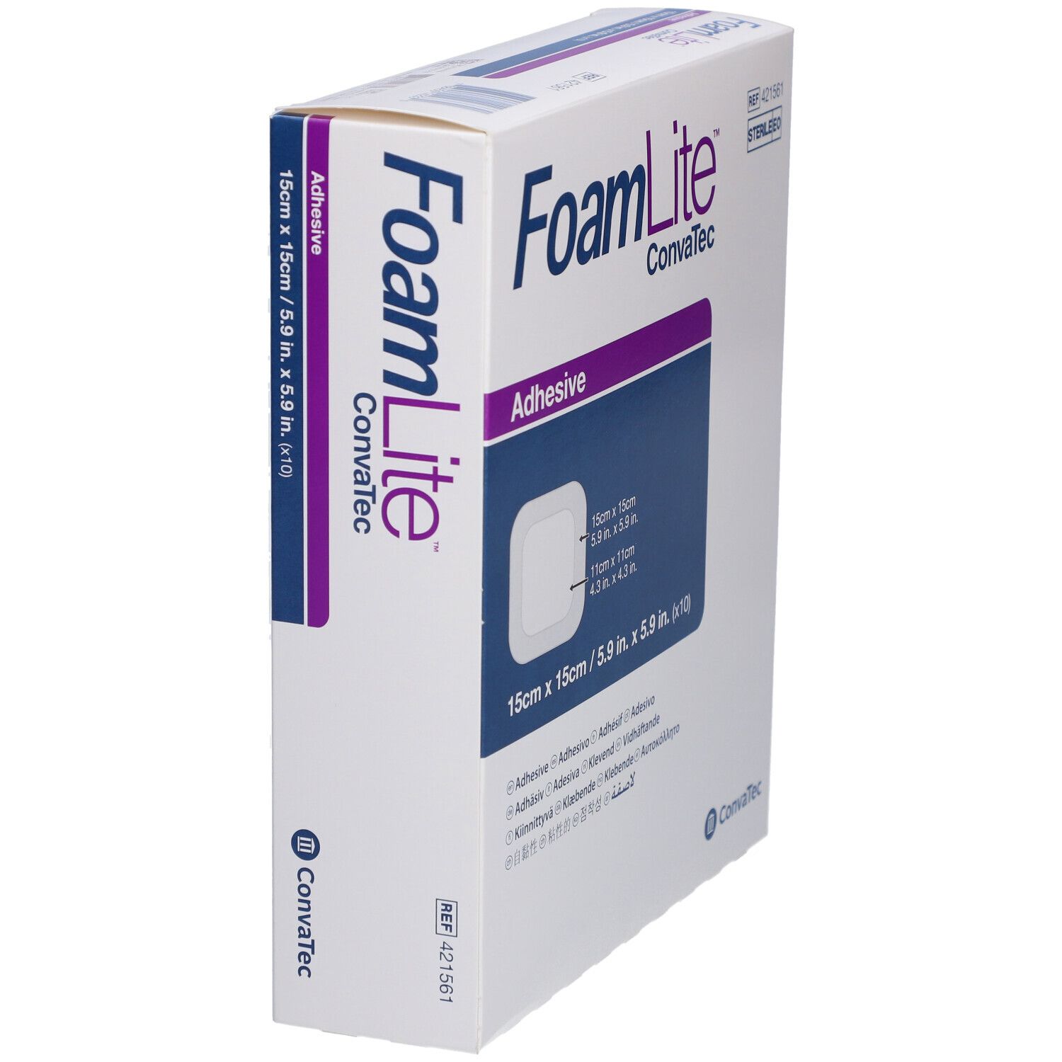Verpackung von FoamLite Heftschaumverband. 15x15 cm. KonvaTec-Logo. Aufkleber.