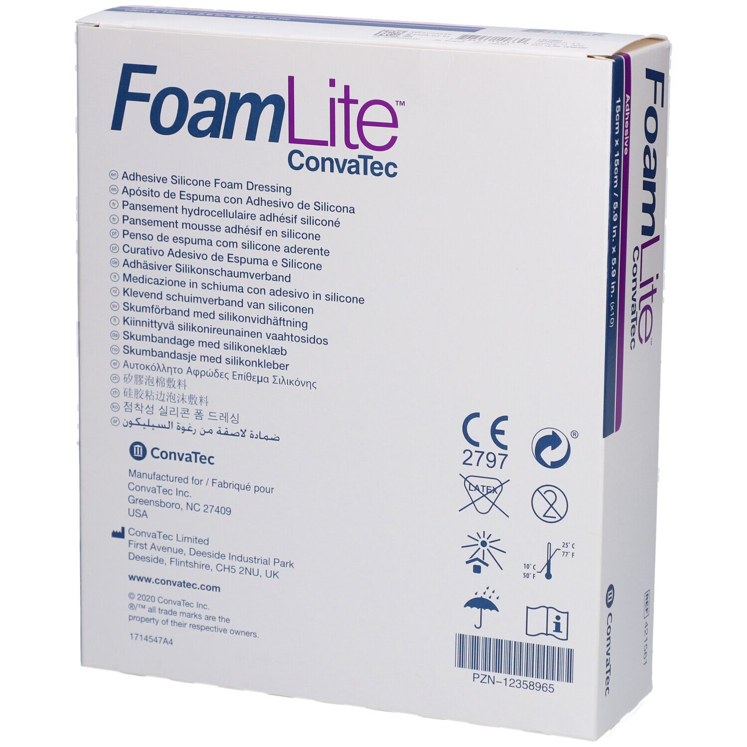 Rückseite der FoamLite-Verpackung. Text in mehreren Sprachen. CE-Zeichen. KonvaTec-Logo.