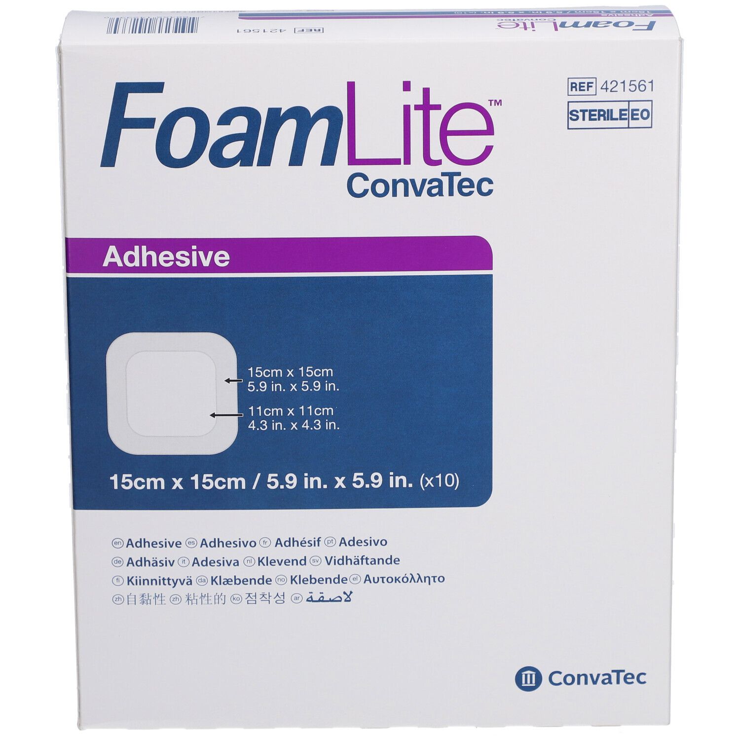 FoamLite Heftschaumverband-Verpackung. 15x15 cm. KonvaTec-Logo. Aufkleber. Steril.