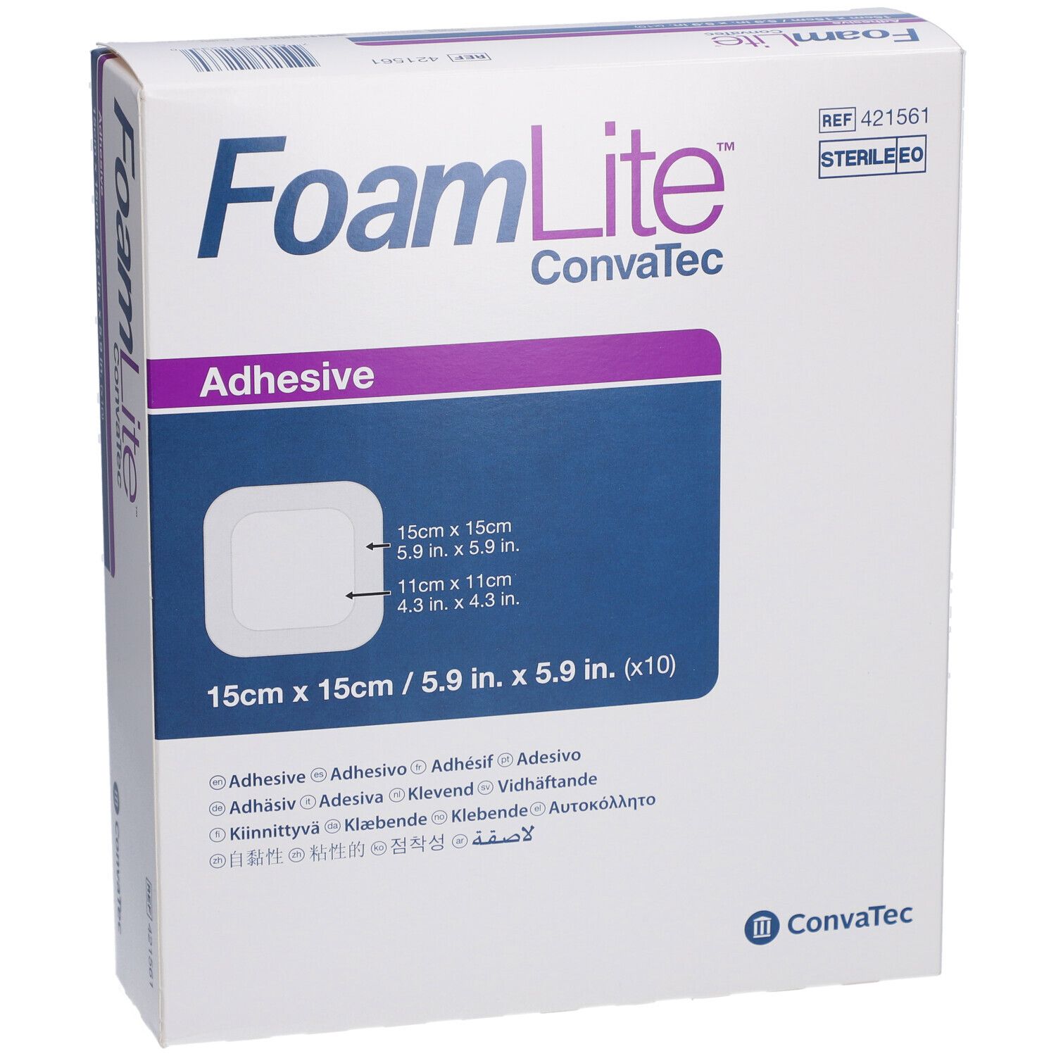FoamLite Heftschaumverband-Verpackung. 15x15 cm. KonvaTec-Logo. Aufkleber. Steril.