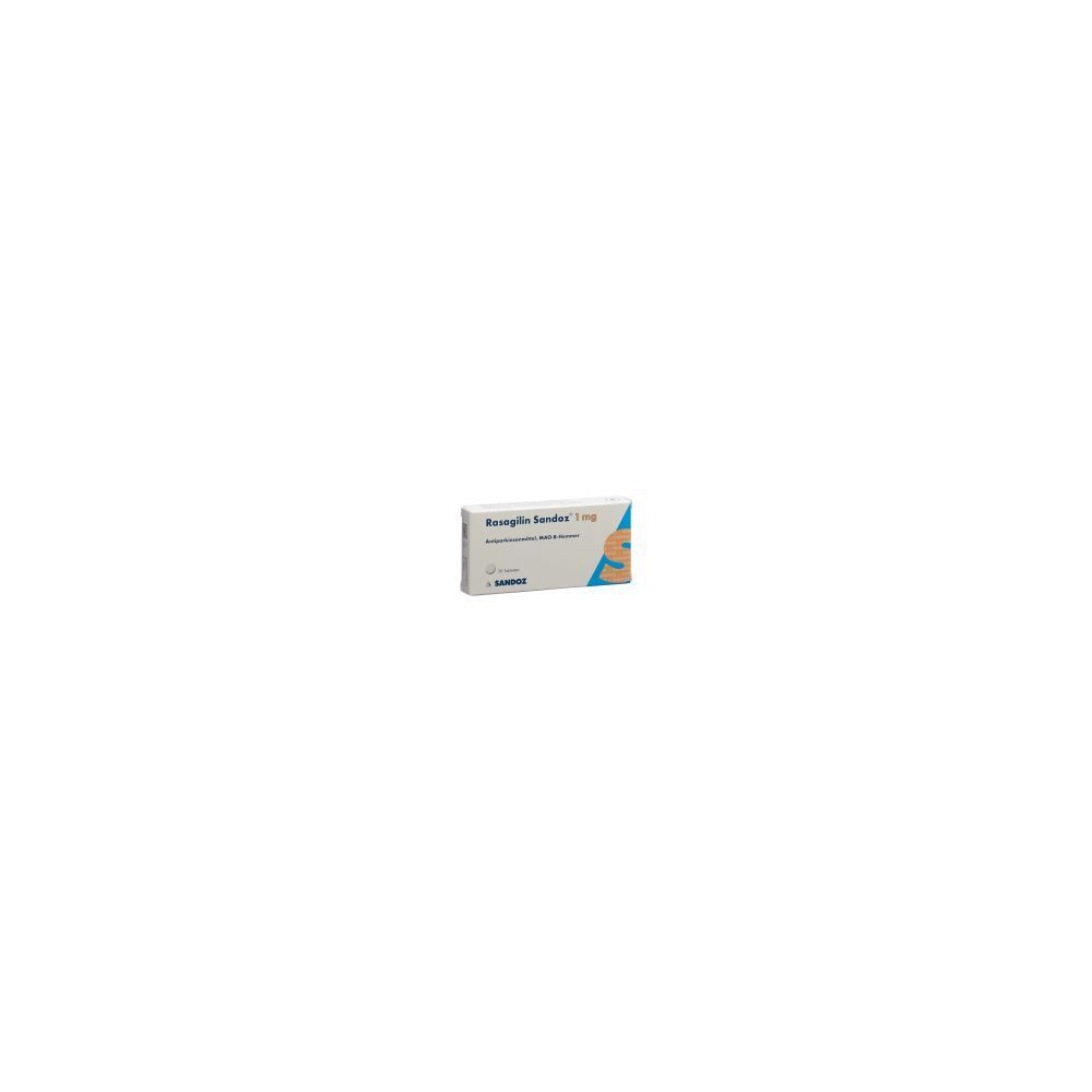 Karton mit der Aufschrift "Rasagilin Sandoz 1 mg". Weiß, blau und orangefarbenes Design. Sandoz-Logo.