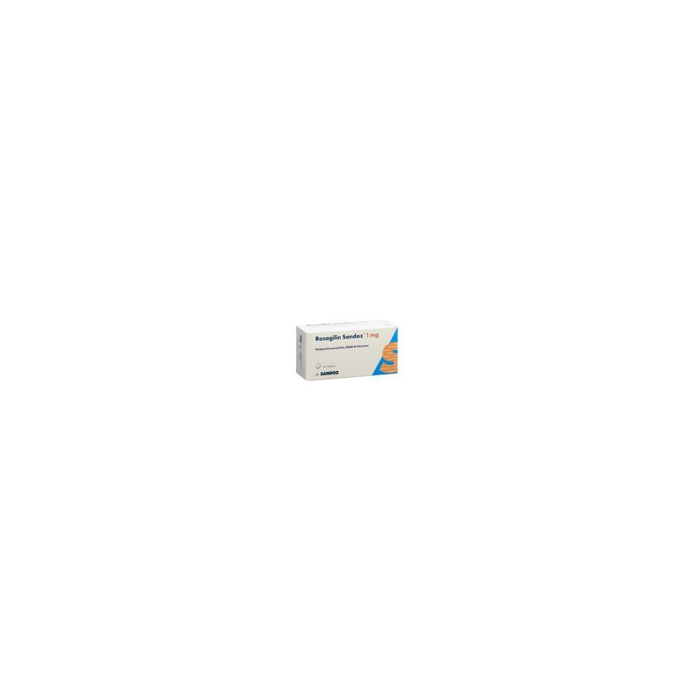 Kartonverpackung mit der Aufschrift "Rasagilin Sandoz 1 mg". Weißer Hintergrund mit blauer und orangefarbener Grafik.