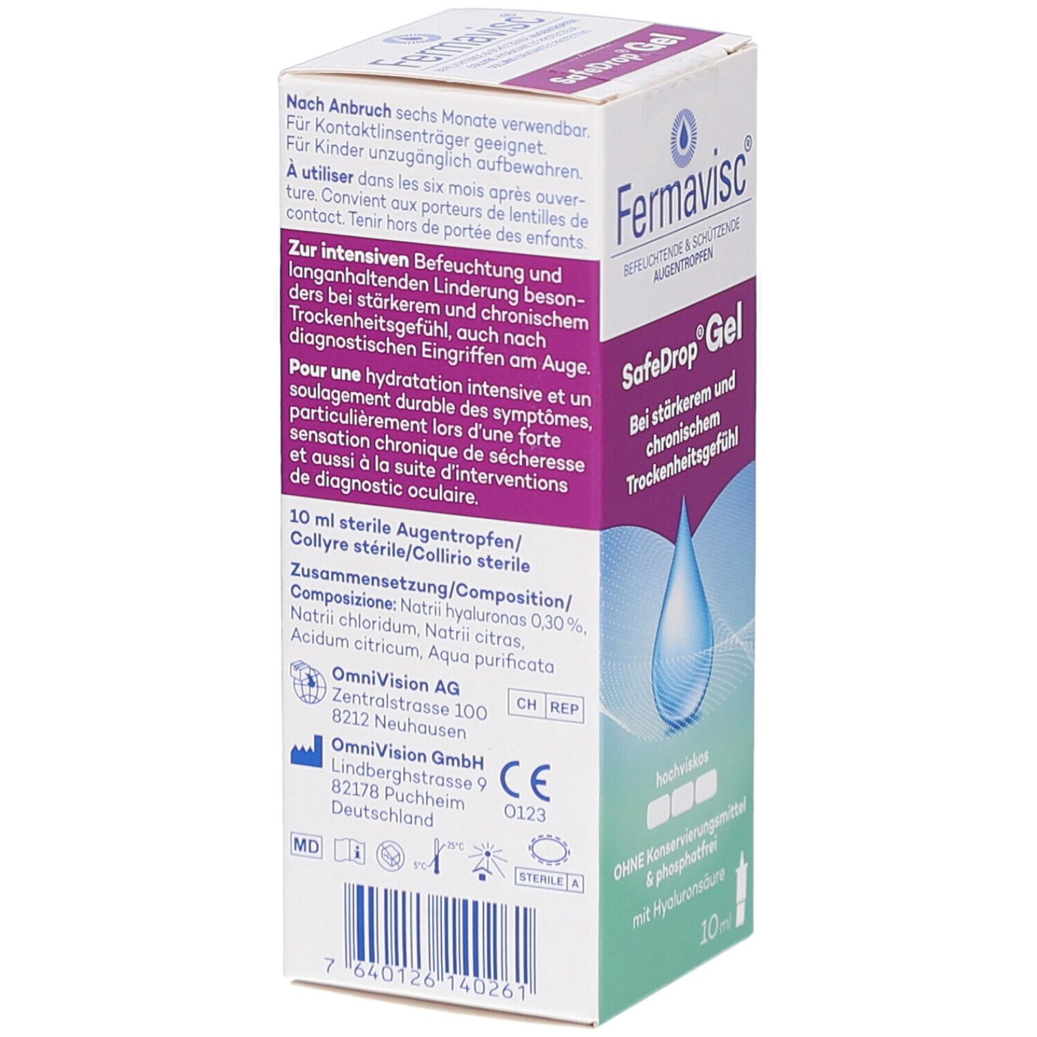Dos de la boîte Fermavisc SafeDrop Gel. Informations sur l'utilisation et les ingrédients. Contient 10 ml.