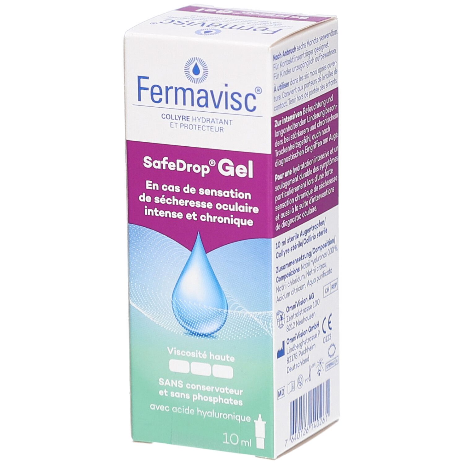 Boîte Fermavisc SafeDrop Gel. Inscription: En cas de sécheresse oculaire intense et chronique. Contient 10 ml.
