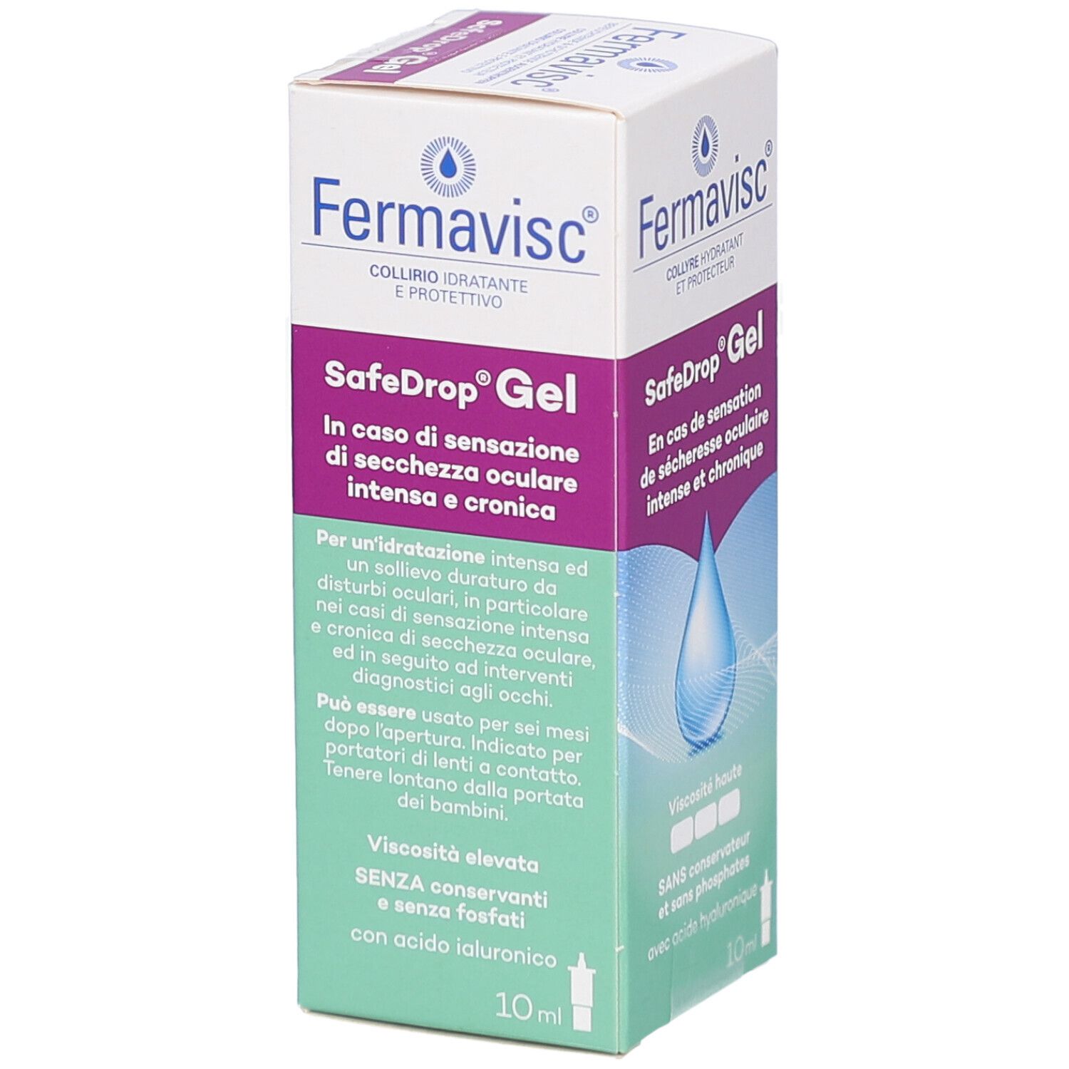 Boîte Fermavisc SafeDrop Gel. Inscription: En cas de sécheresse oculaire intense et chronique. Contient 10 ml.
