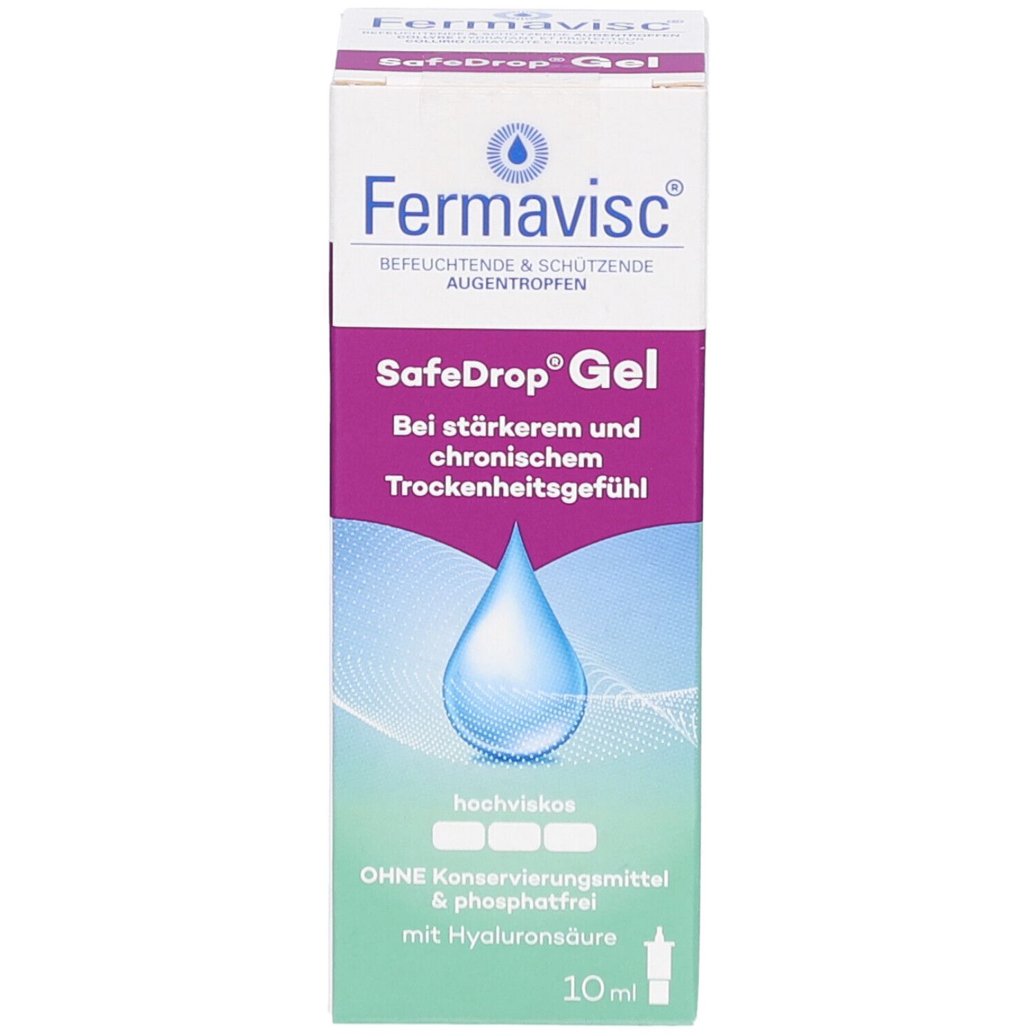 Boîte Fermavisc SafeDrop Gel. Inscription: En cas de sécheresse oculaire intense et chronique. Contient 10 ml.