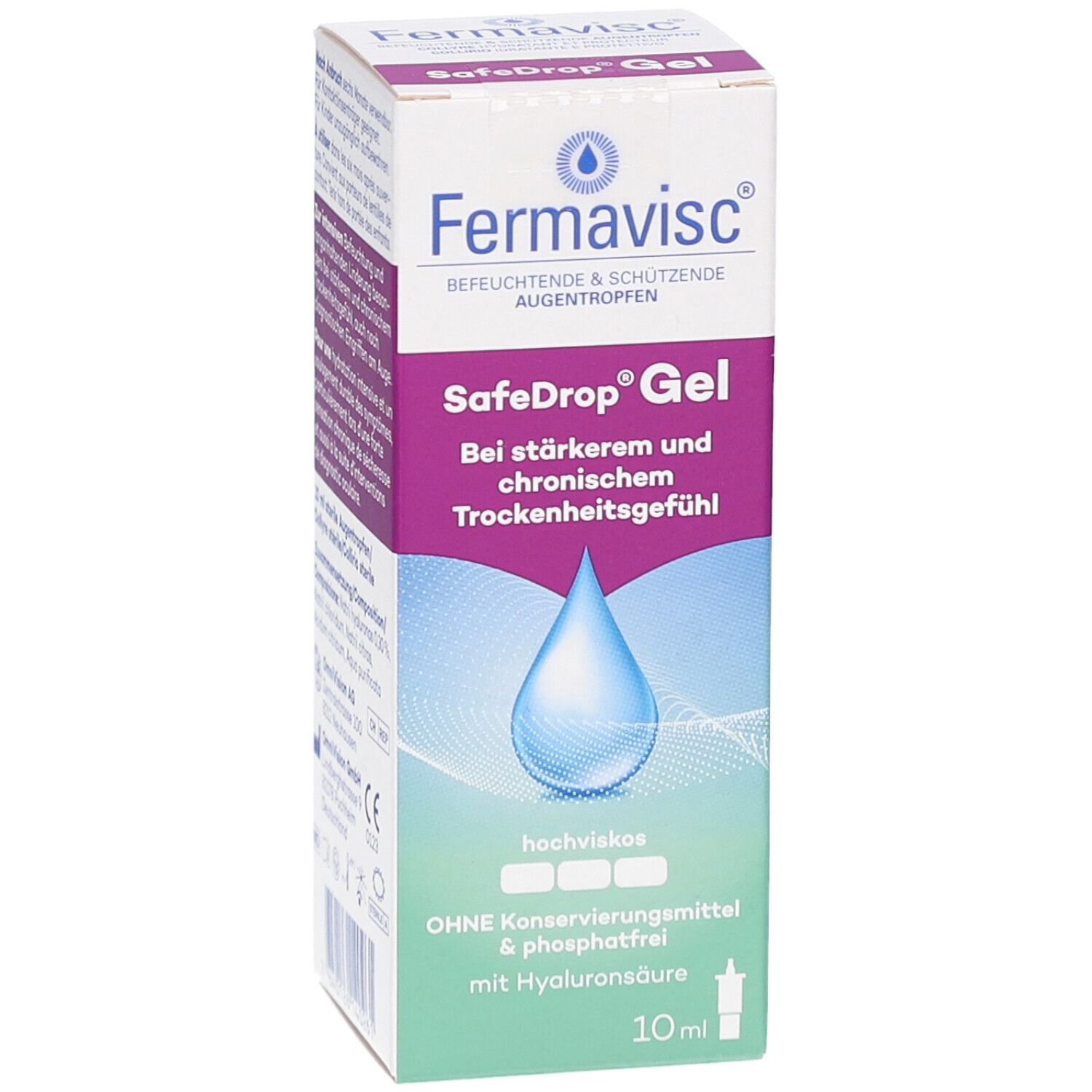 Boîte Fermavisc SafeDrop Gel. Inscription: En cas de sécheresse oculaire intense et chronique. Contient 10 ml.