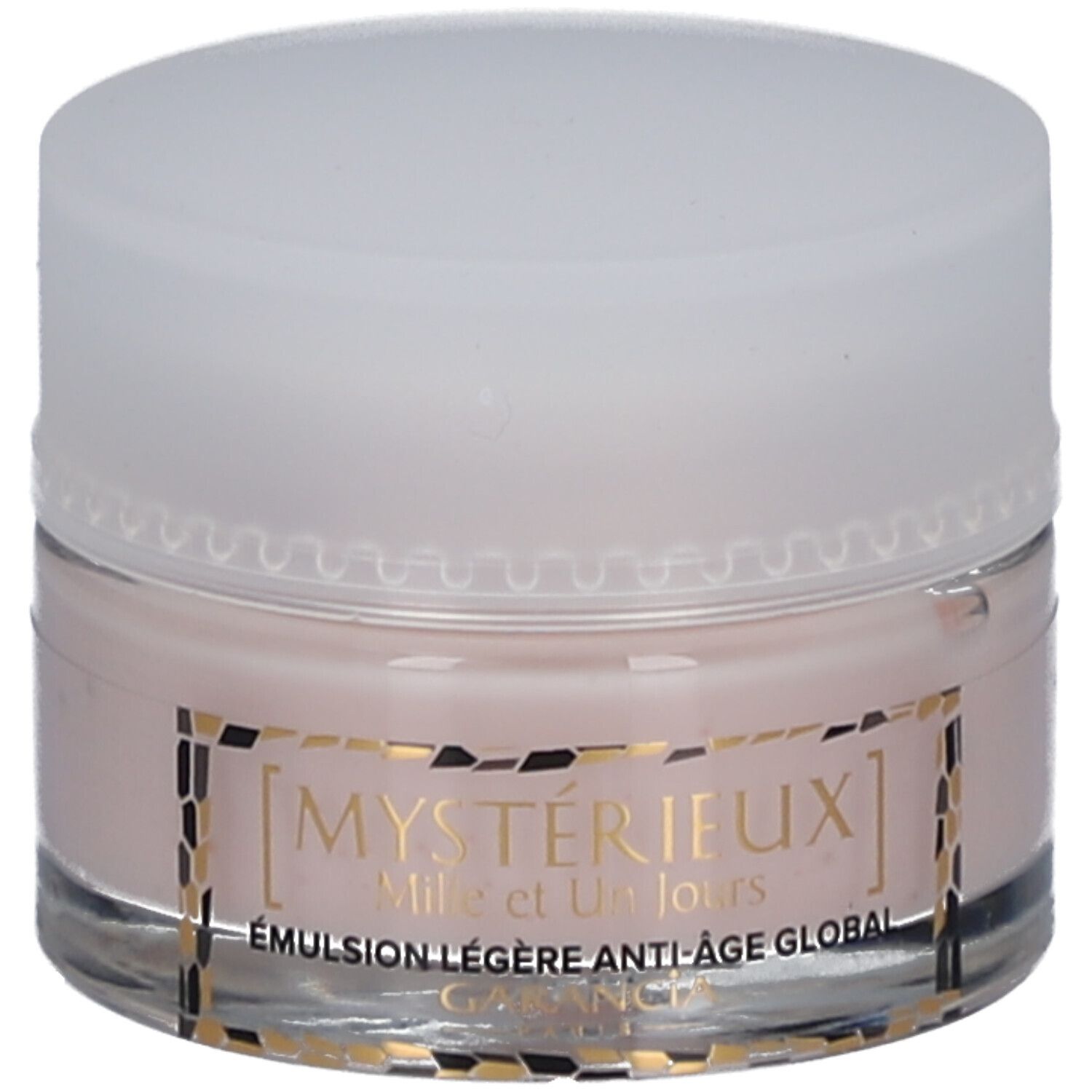 Pot rond avec crème rose et couvercle blanc. Inscription: Mystérieux Mille et Un Jours, Émulsion de Jour Anti-Âge Global.