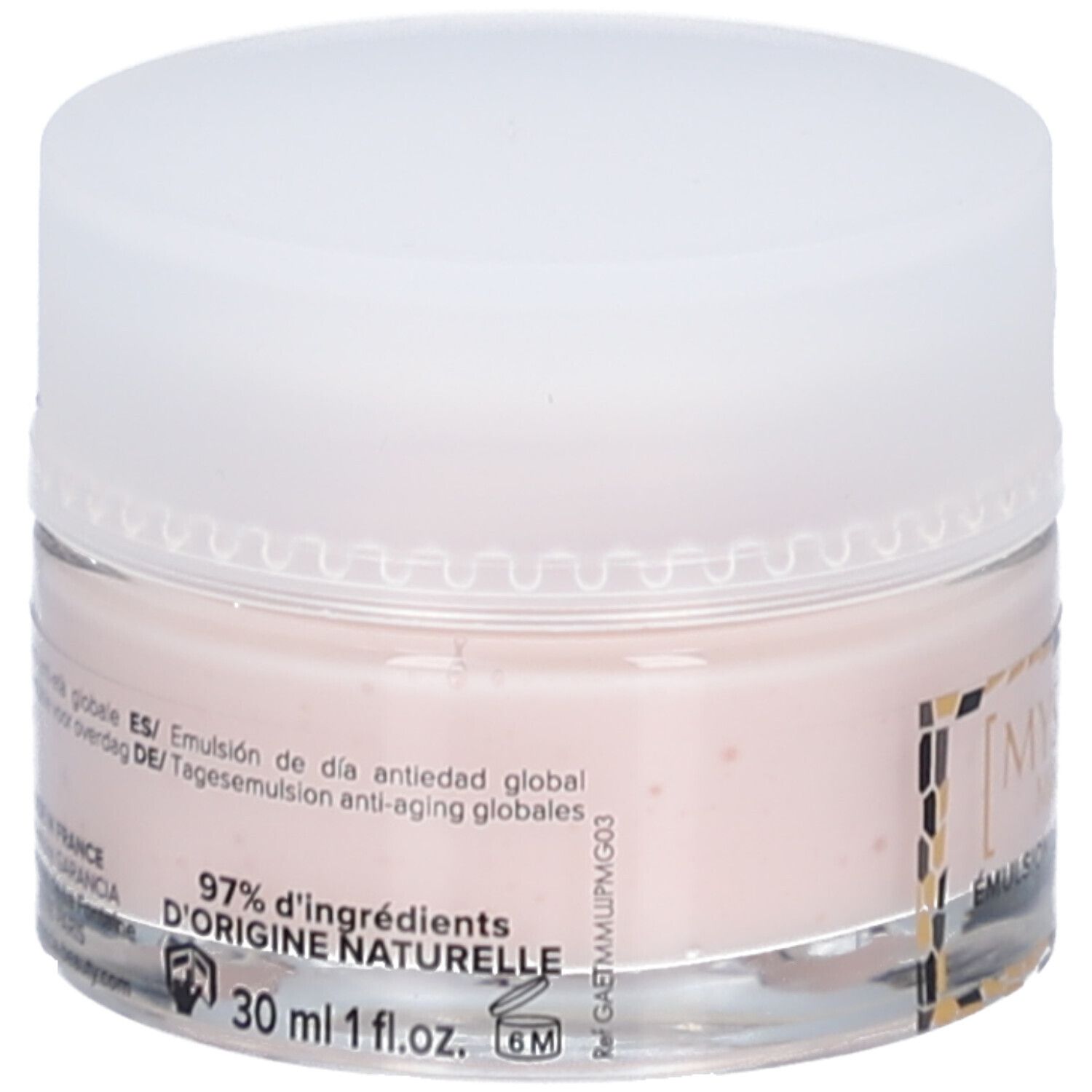 Pot rond avec crème rose et couvercle blanc. Inscription: 97% d'ingrédients d'origine naturelle. 30 ml 1 fl.oz.