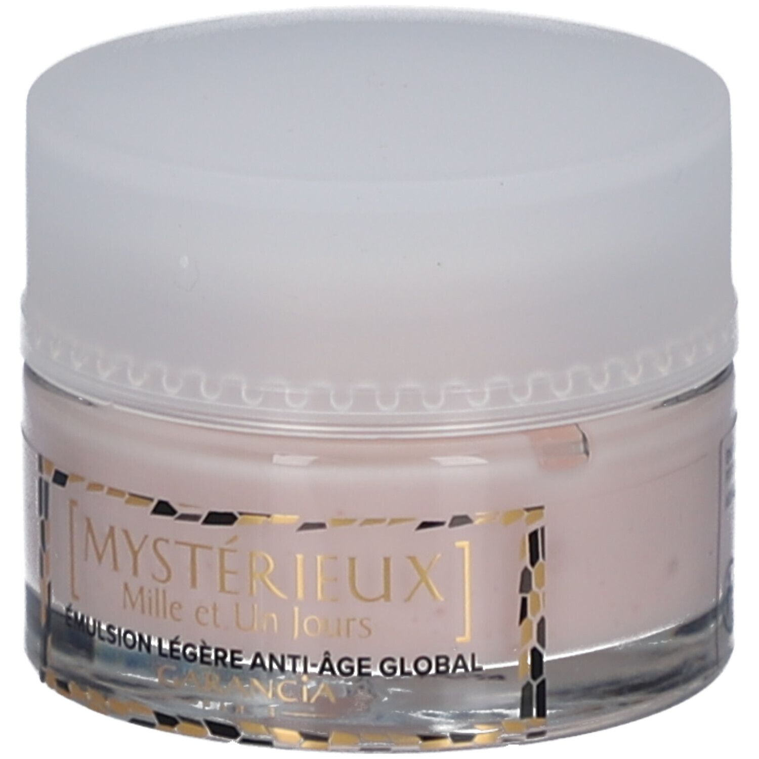 Pot rond avec crème rose et couvercle blanc. Inscription: Mystérieux Mille et Un Jours, Émulsion légère anti-âge global.