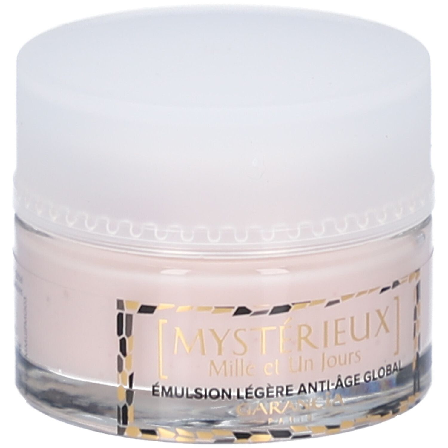 Pot rond avec crème rose et couvercle blanc. Inscription: Mystérieux Mille et Un Jours, Émulsion légère anti-âge global.