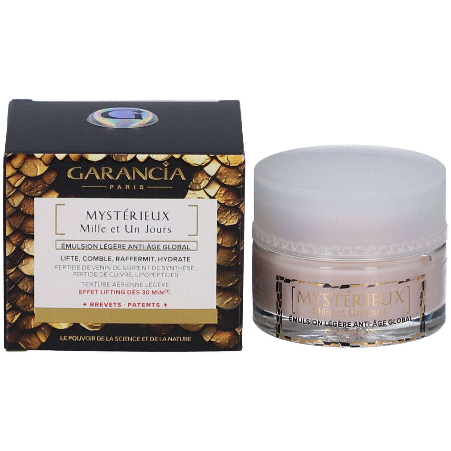 Produit et emballage. Boîte noire avec motif doré. Inscription: GARANCIA PARIS, Mystérieux Mille et Un Jours.