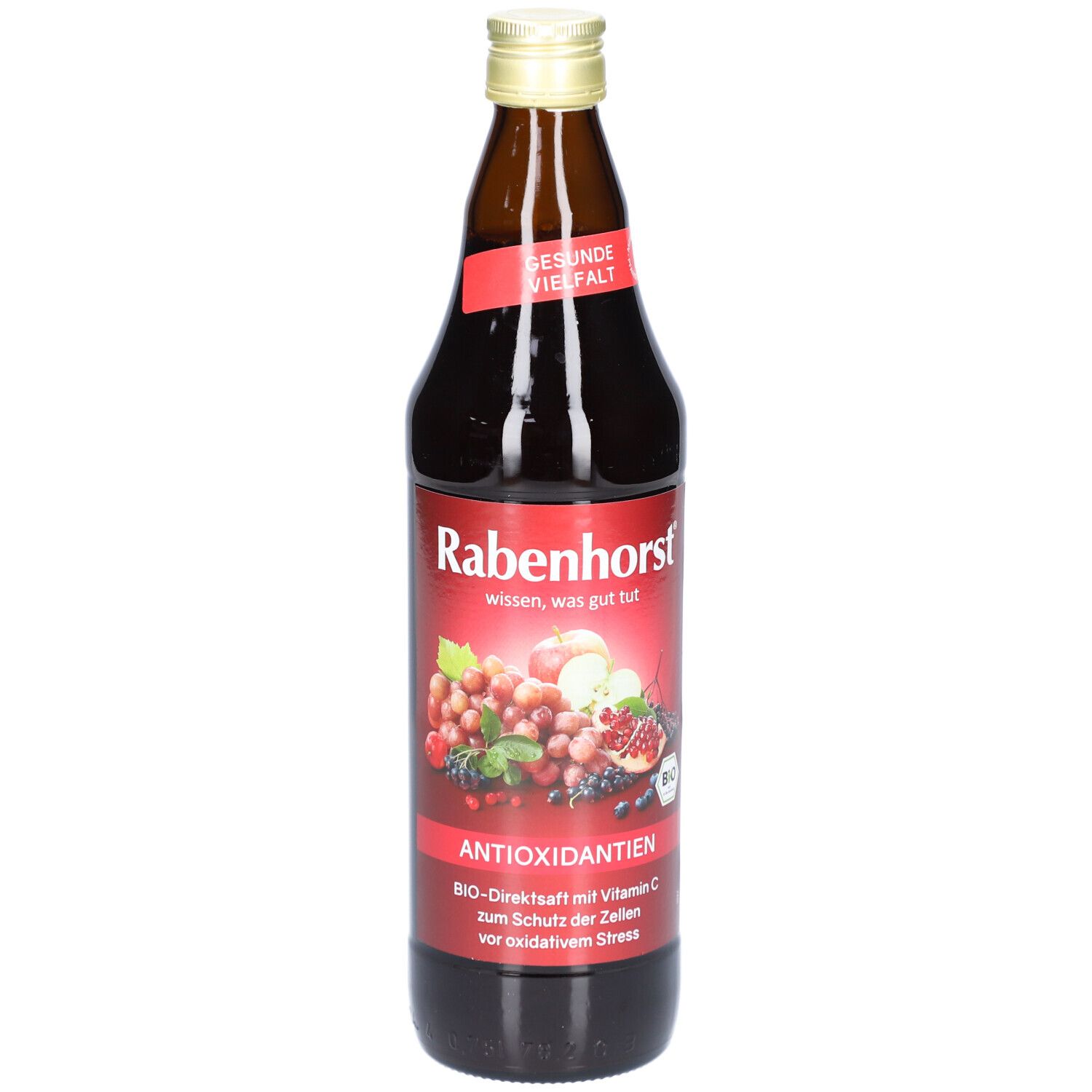Braune Glasflasche mit rotem Etikett. Aufschrift: Rabenhorst Antioxidantien Bio-Direktsaft. Abbildung von Früchten.