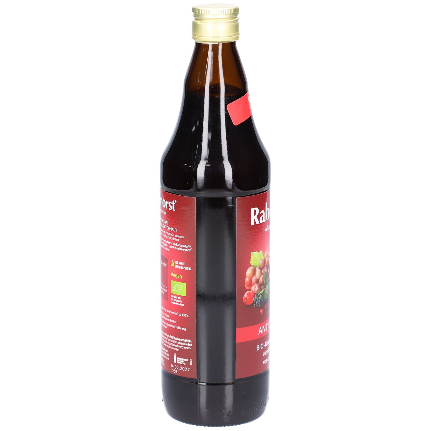 Braune Glasflasche, Seitenansicht. Rotes Etikett mit Text und Abbildungen. Bio-Siegel sichtbar.