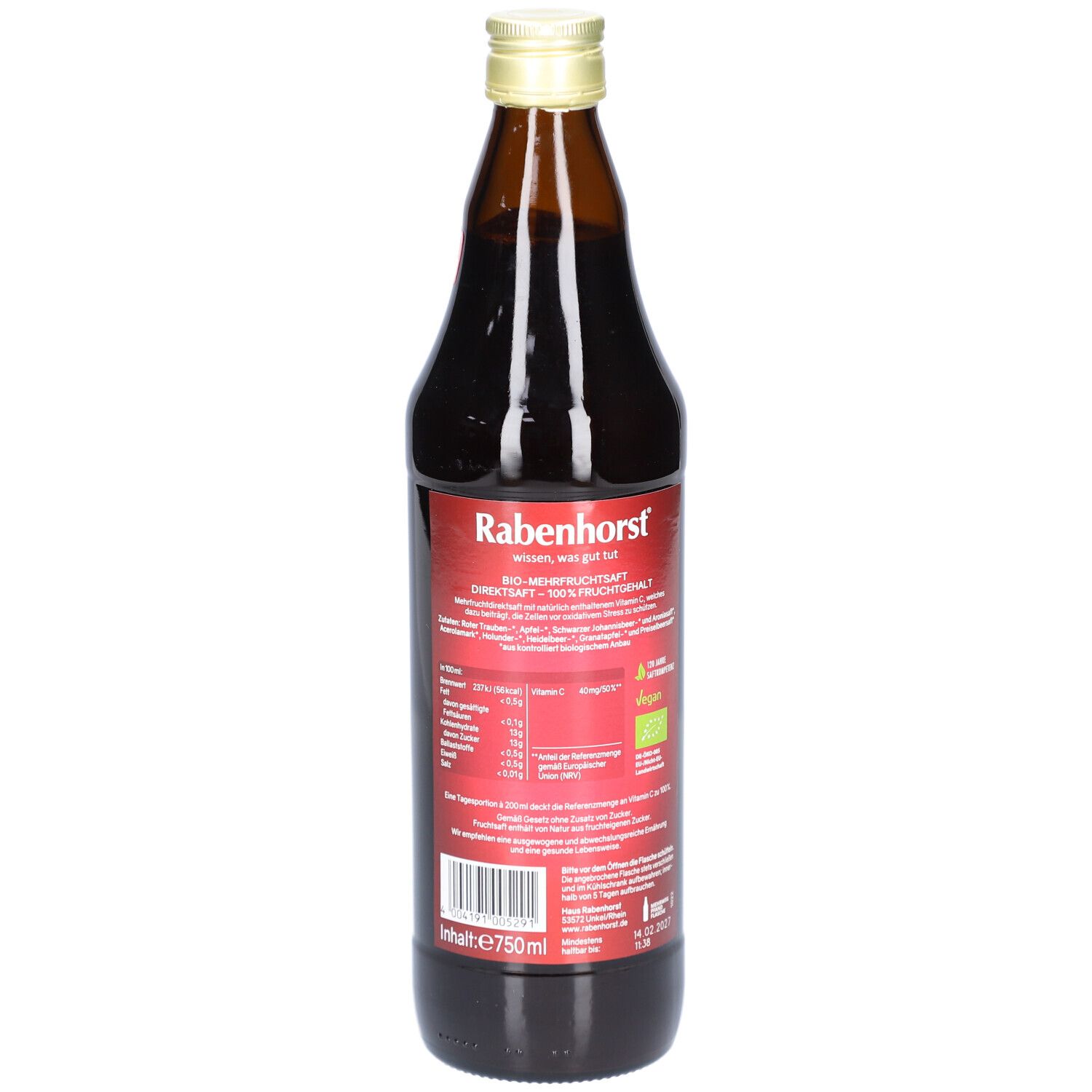 Braune Glasflasche, Rückansicht. Rotes Etikett mit Text und Nährwertangaben. Bio-Siegel.