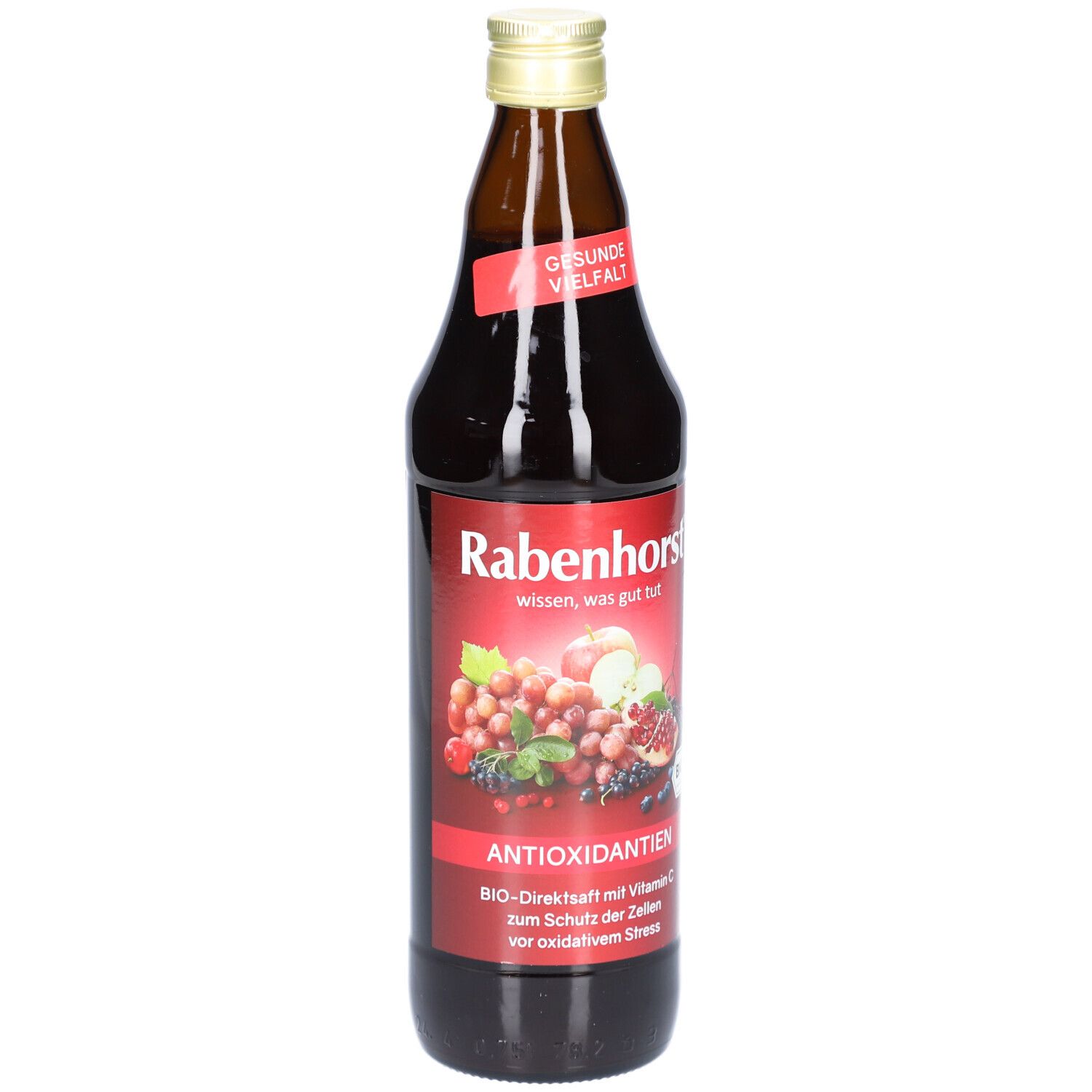 Braune Glasflasche mit rotem Etikett. Aufschrift: Rabenhorst Antioxidantien Bio-Direktsaft. Abbildung von Früchten.