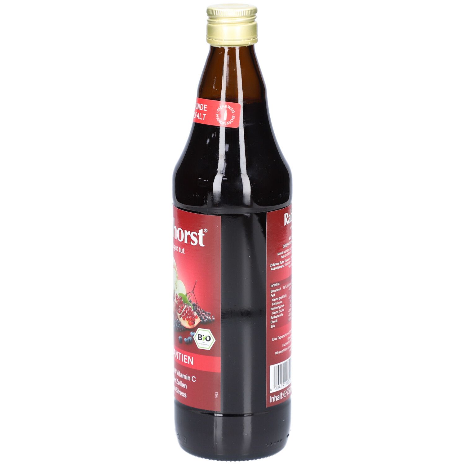 Braune Glasflasche, Seitenansicht. Rotes Etikett mit Text und Abbildungen. Bio-Siegel sichtbar.