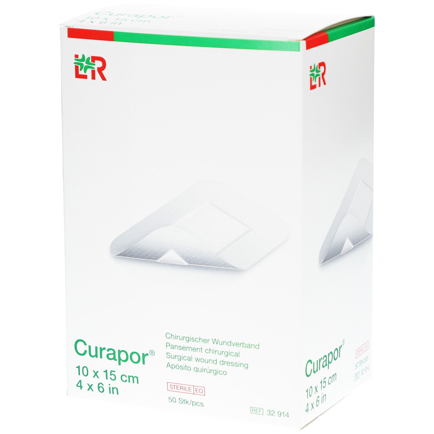 Verpackung von Curapor Wundverband. 10 x 15 cm. Steril. 50 Stück. Logo LR. Weißer Karton mit rotem und grünem Akzent.