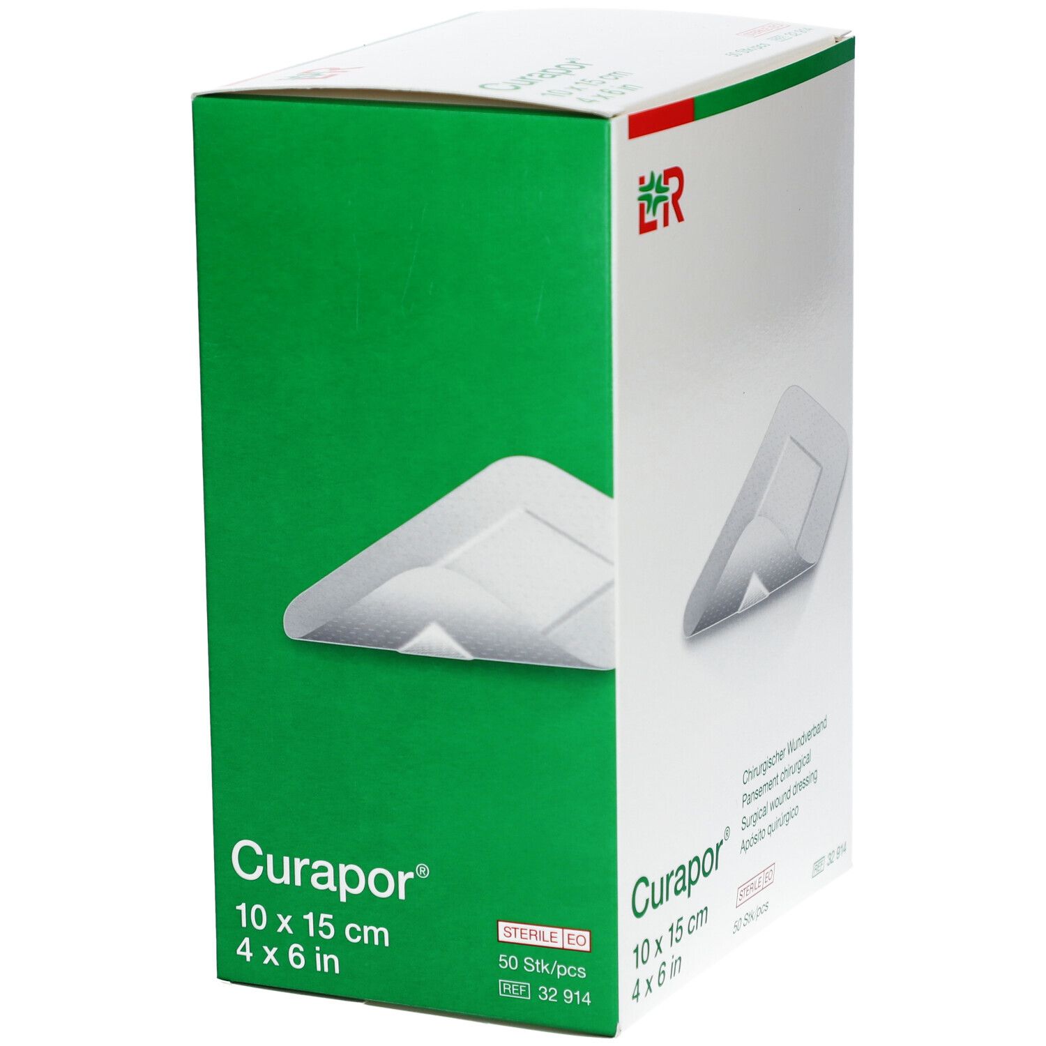 Grüne Verpackung von Curapor Wundverband. 10 x 15 cm. Steril. Logo LR. Auf der Verpackung ist ein Wundverband abgebildet.