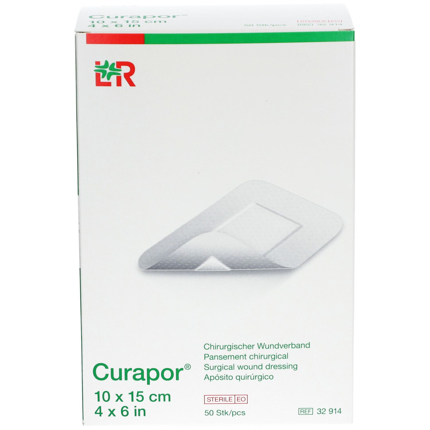 Verpackung von Curapor Wundverband. 10 x 15 cm. Steril. 50 Stück. Logo LR. Weißer Karton mit grünem und rotem Akzent.