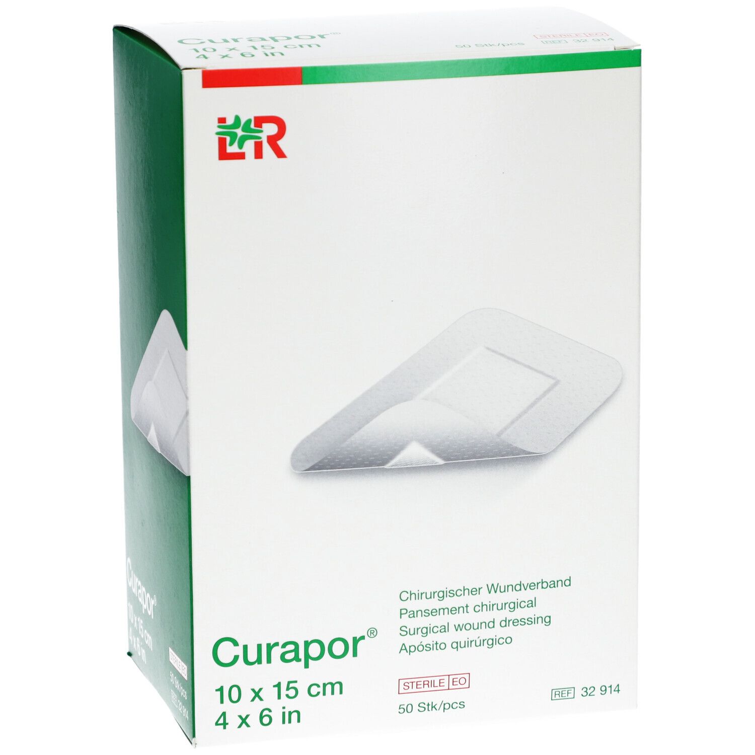 Verpackung von Curapor Wundverband. 10 x 15 cm. Steril. 50 Stück. Logo LR. Weißer Karton mit grünem und rotem Akzent.