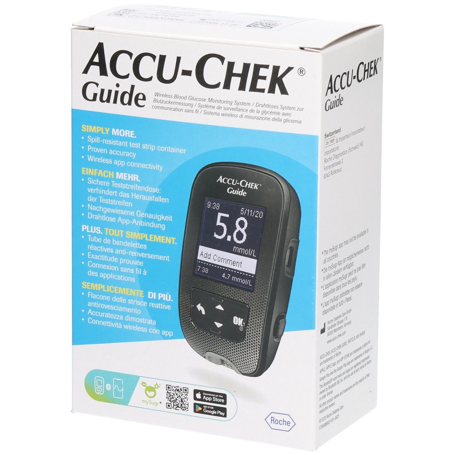 Verpackung von ACCU-CHEK Guide. Auf der Vorderseite: Blutzuckermessgerät mit Display, Text und Logo. App-Icons.
