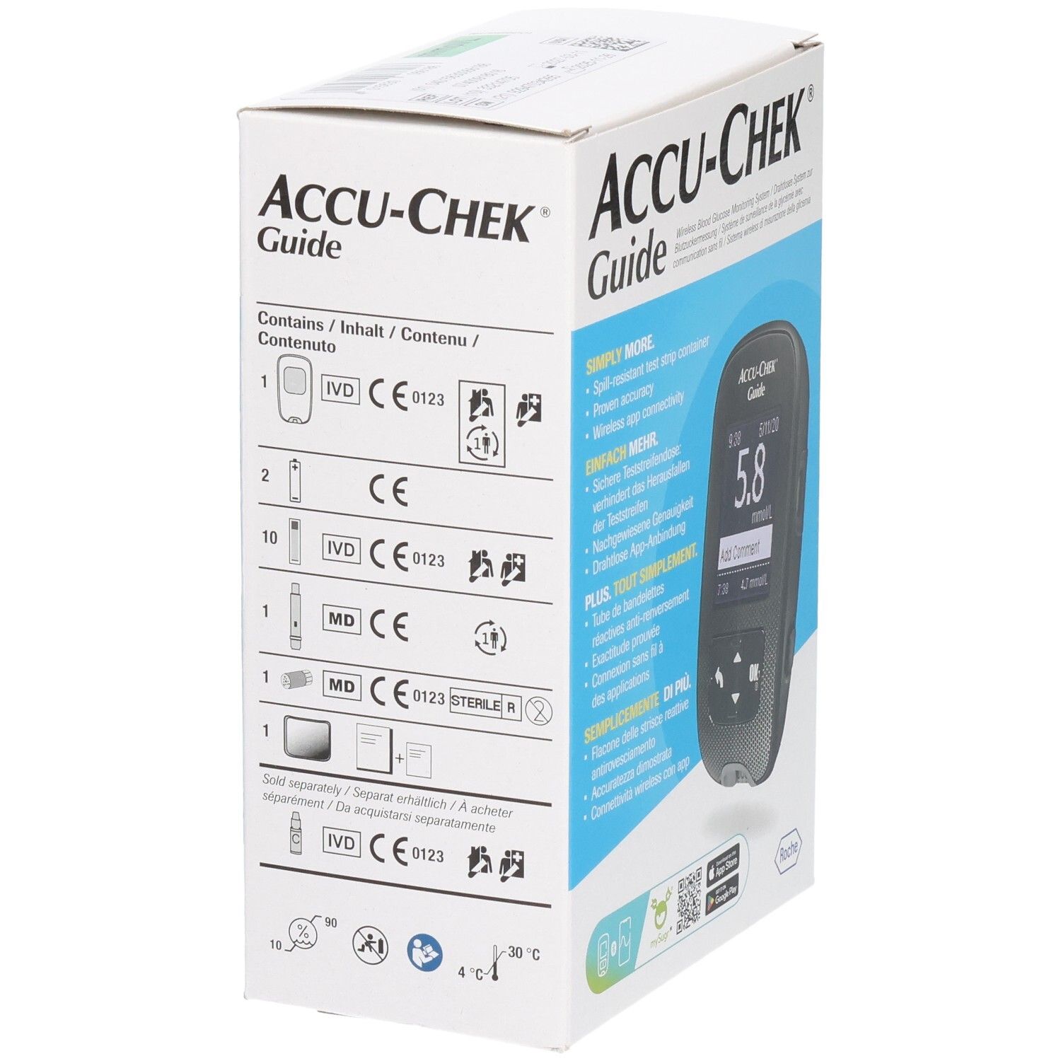 Verpackung von ACCU-CHEK Guide. Seitenansicht mit Inhaltsangaben und CE-Kennzeichnung. Symbole.