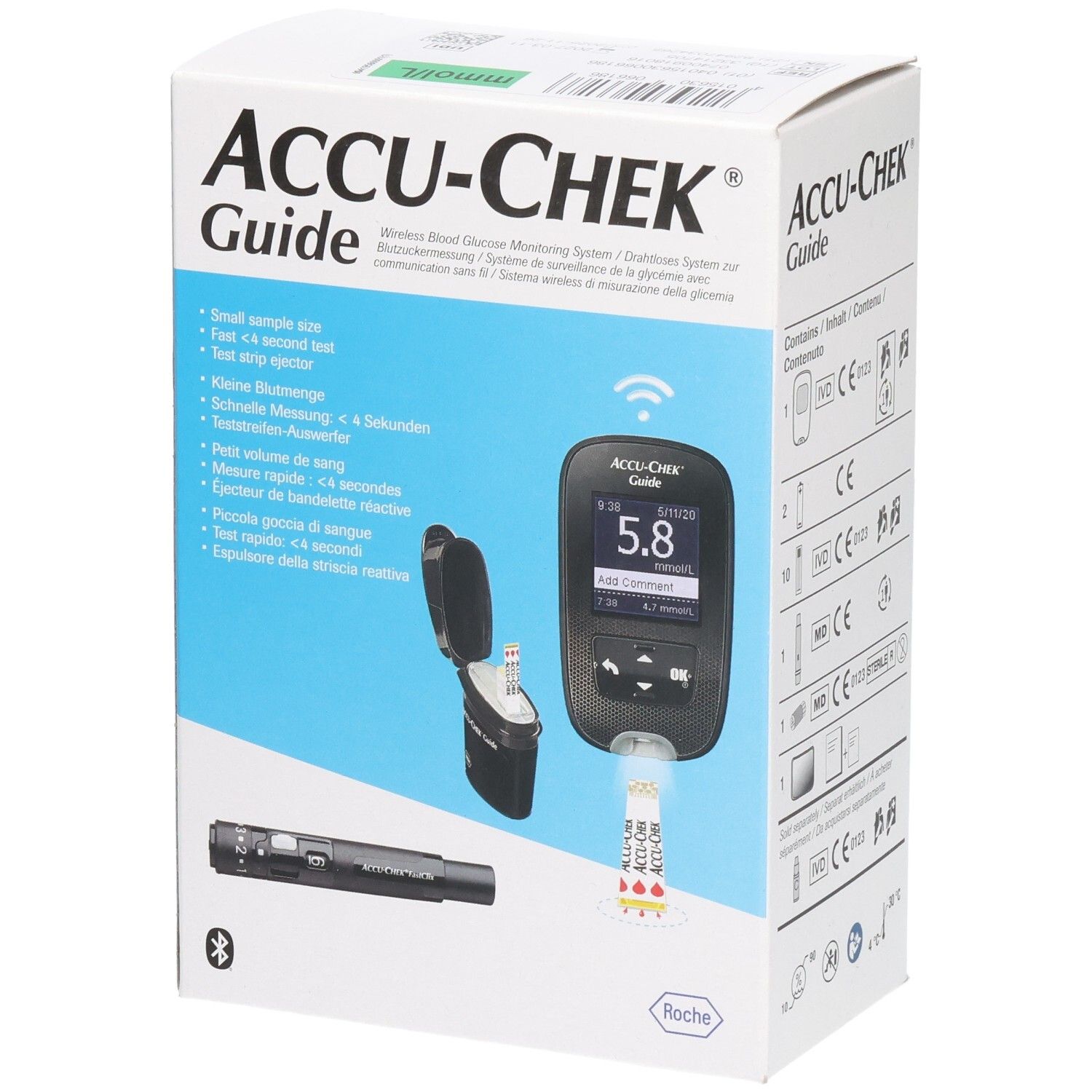Verpackung von ACCU-CHEK Guide. Blutzuckermessgerät, Teststreifen und Stechhilfe. Drahtlos-Symbol.