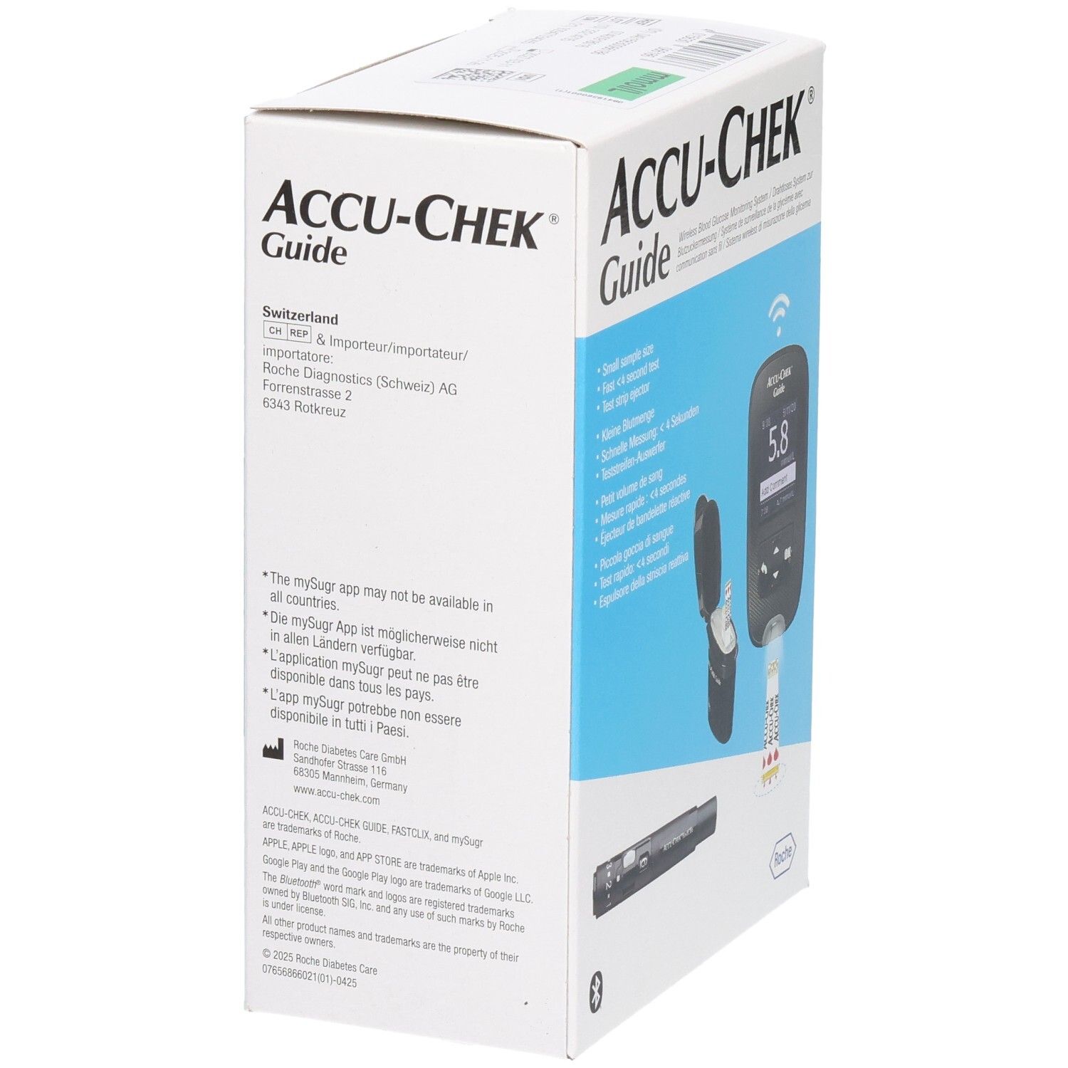 Verpackung von ACCU-CHEK Guide. Rückseite mit Herstellerinformationen und App-Hinweis. Bluetooth-Symbol.