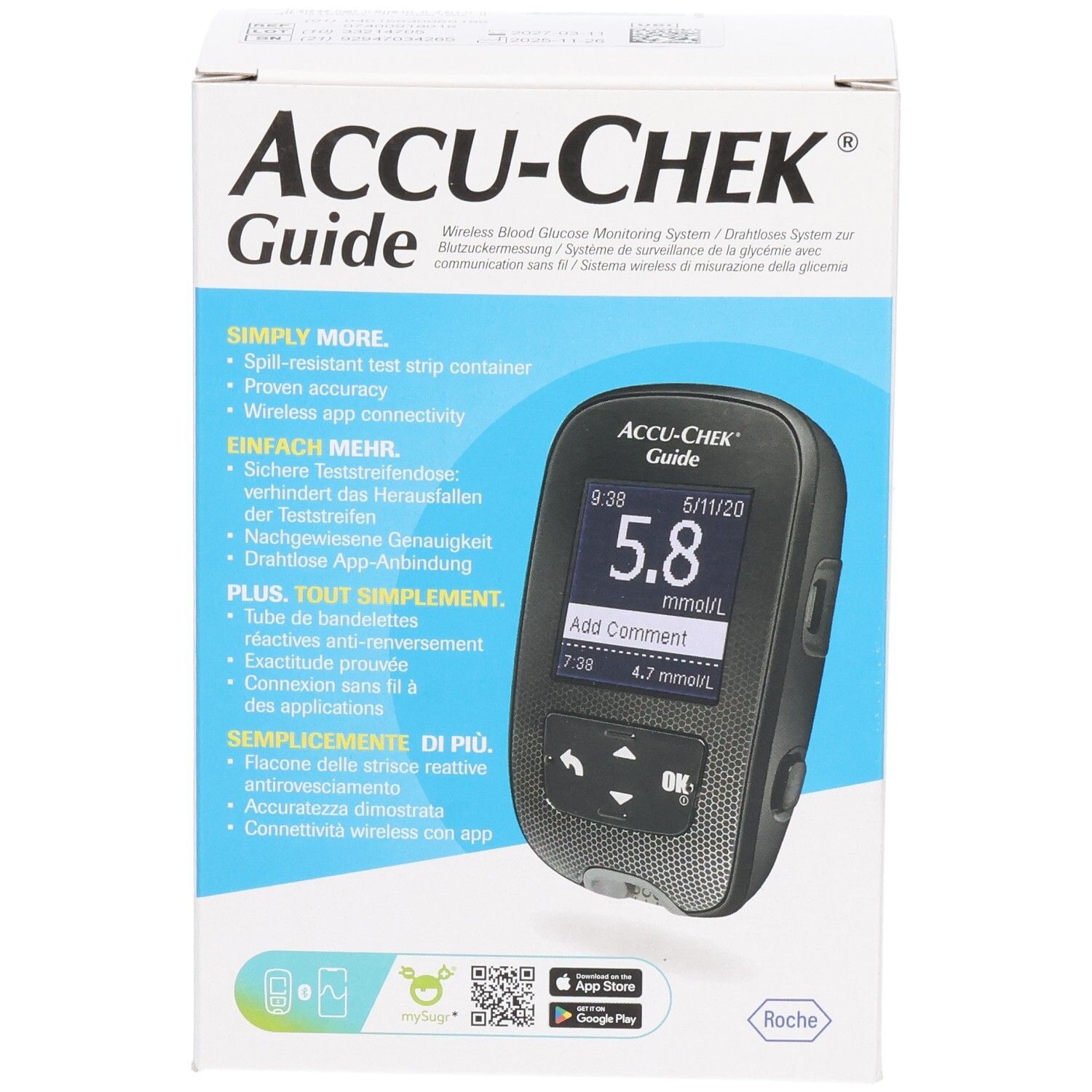 Verpackung von ACCU-CHEK Guide. Vorderseite mit Blutzuckermessgerät-Display und Text. App-Icons.