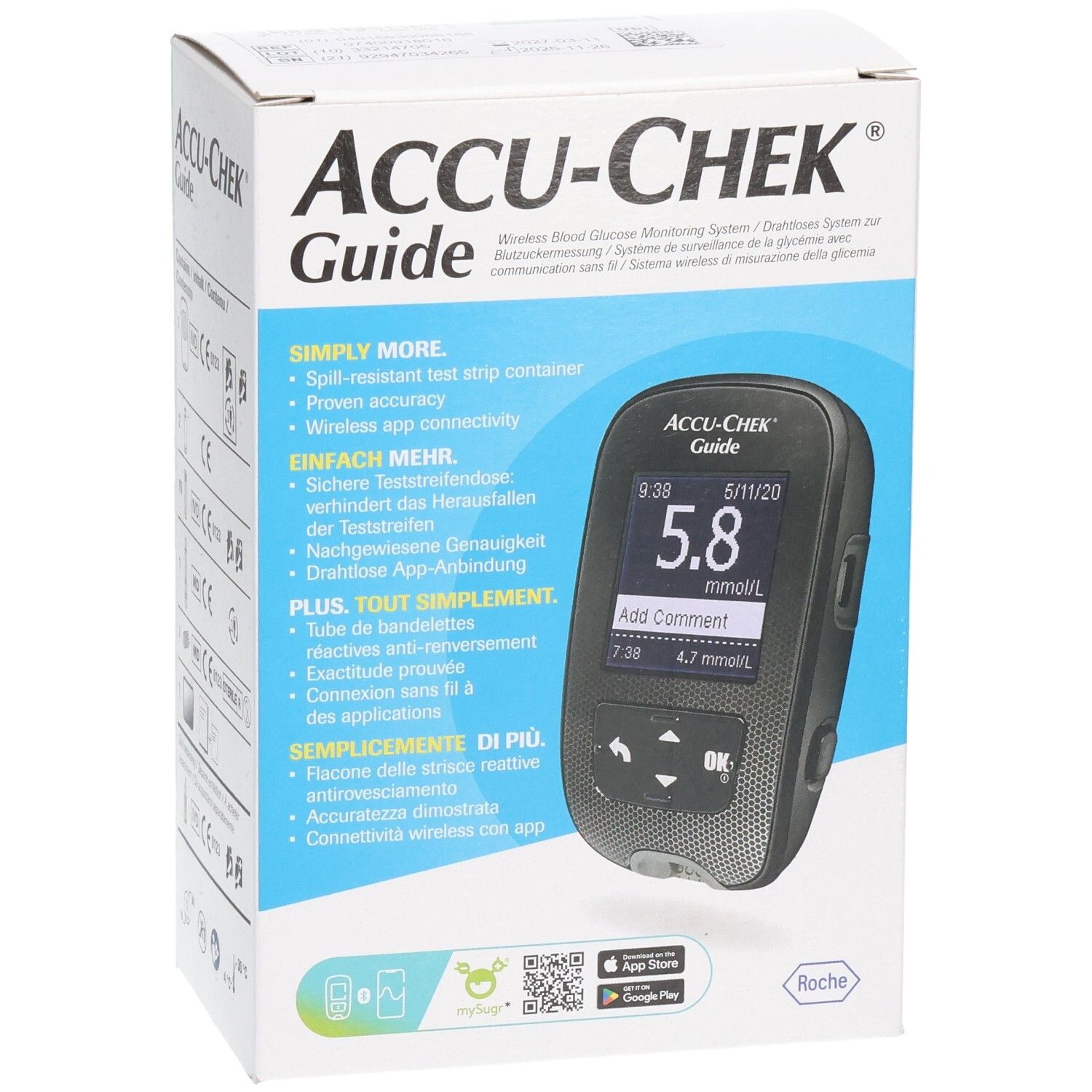 Verpackung von ACCU-CHEK Guide. Vorderseite mit Blutzuckermessgerät-Display und Text. App-Icons.