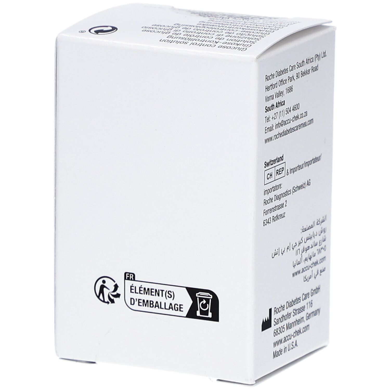 Seite der ACCU-CHEK Guide Control Verpackung mit Recycling-Symbolen und Herstelleradresse.