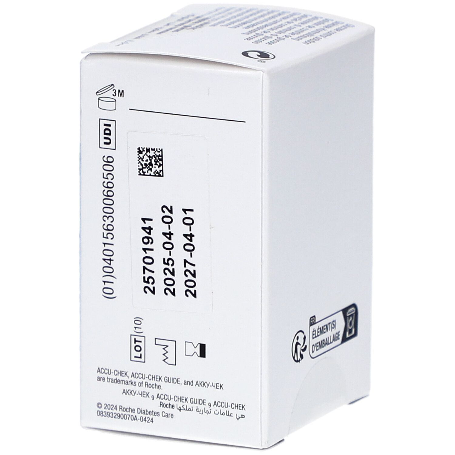 Seite der ACCU-CHEK Guide Control Verpackung mit Chargennummer, Verfallsdatum und UDI-Code.