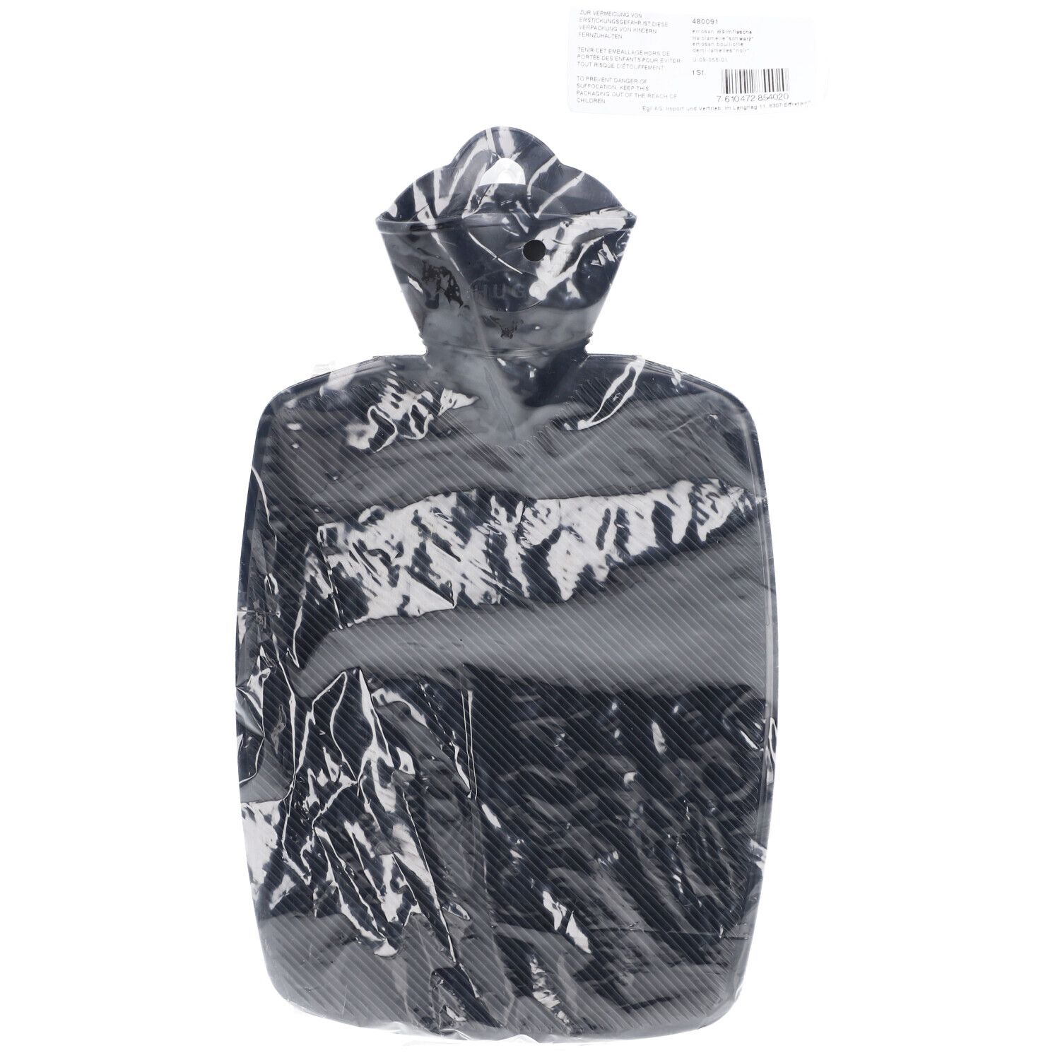Schwarze Wärmflasche in transparenter Verpackung. Rechteckige Form mit abgerundeten Ecken und einem Hals.