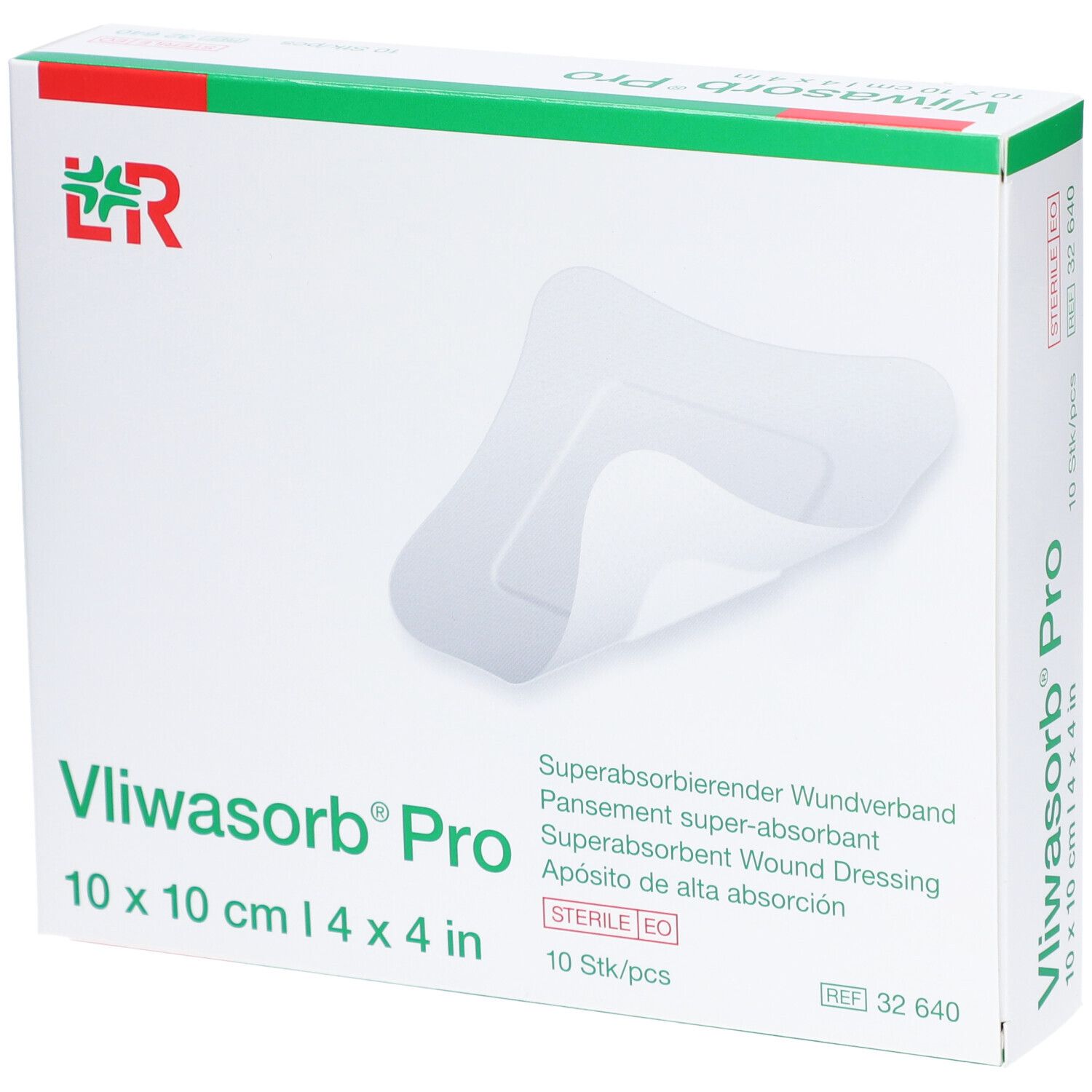 Verpackung von Vliwasorb Pro Wundverband. 10x10cm, 10 Stück. Aufdruck: Superabsorbierend, steril.