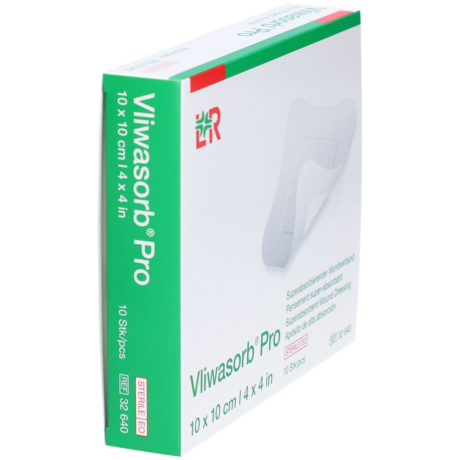 Vliwasorb Pro Wundverband-Verpackung. 10x10cm, 10 Stück. Grün-weiße Schachtel, Logo LR. Steril.