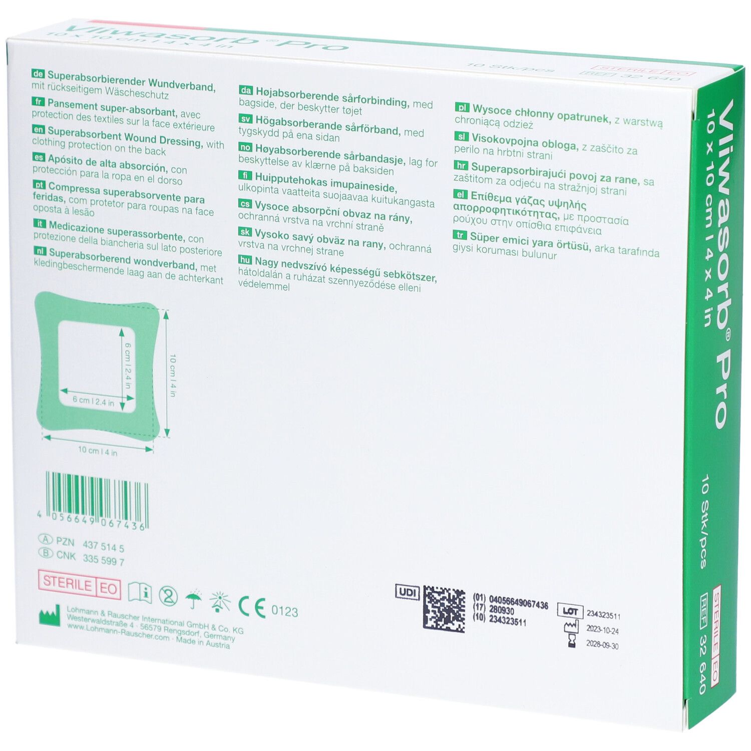 Rückseite der Vliwasorb Pro Verpackung. Produktinformationen in mehreren Sprachen. Größe: 10x10cm. Steril.