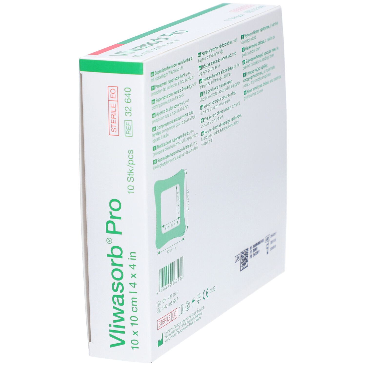 Vliwasorb Pro Wundverband-Verpackung. 10x10cm, 10 Stück. Schachtelansicht, Logo LR. Steril.