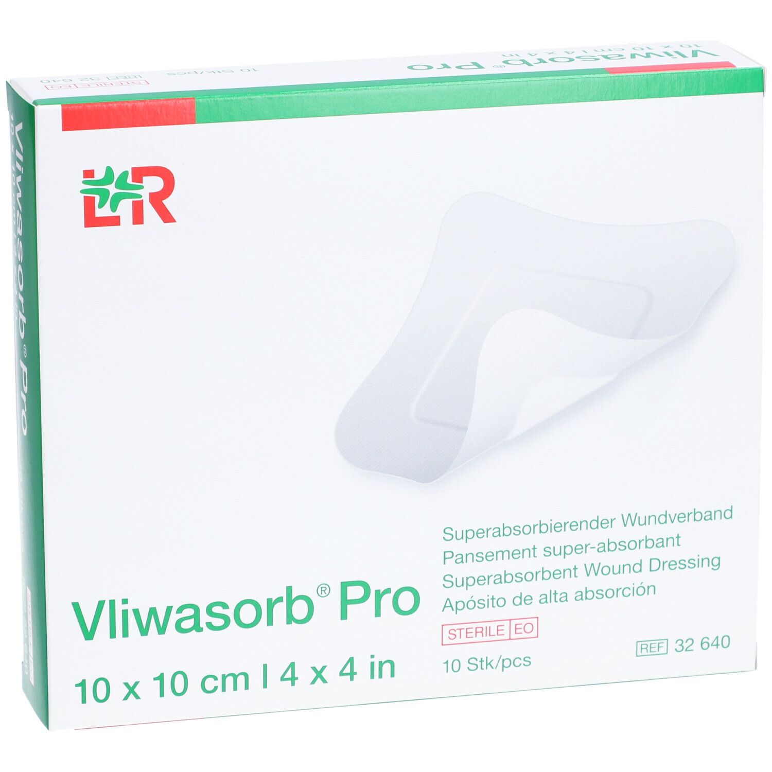 Vliwasorb Pro Wundverband-Verpackung. 10x10cm, 10 Stück. Aufdruck: Superabsorbierend, steril.