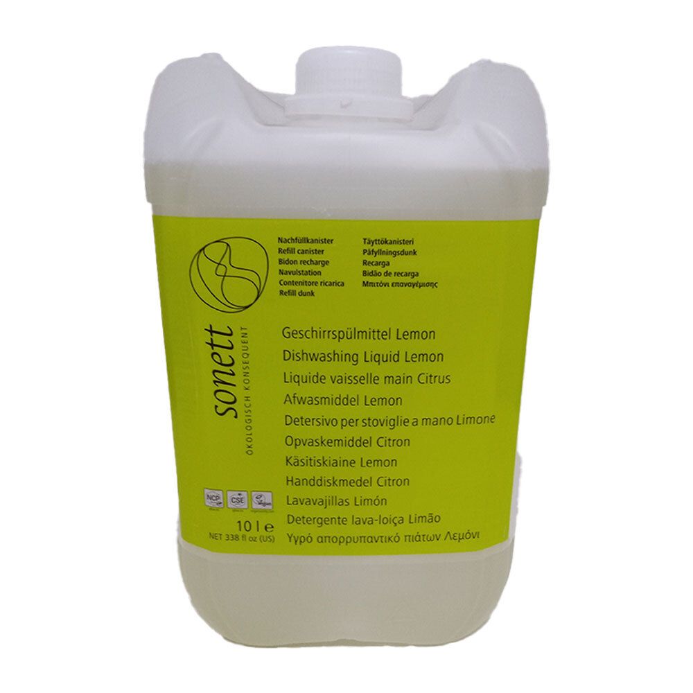Weißer Kanister mit grünem Etikett. Aufschrift: Sonett Geschirrspülmittel Lemon. Mehrsprachige Produktinformationen. 10 l.