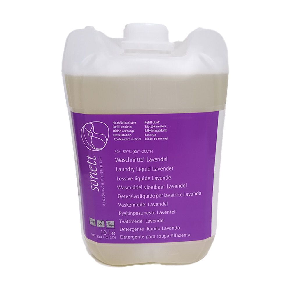 Behälter mit Flüssigwaschmittel. Lila Etikett mit Produktbezeichnung und Marke Sonett. 10 Liter. Waschmittel Lavendel.